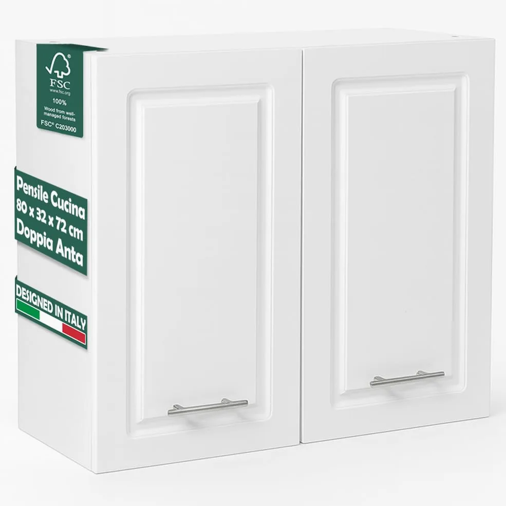 Shally Dogan Pensile da Cucina a Parete Design Boiserie, Armadio Sospeso in Legno con Doppia Anta, 1 Ripiano e 2 Scomparti, Armadietto a Muro Spazioso Resistente, 80 x 32 x 72H cm (Bianco)