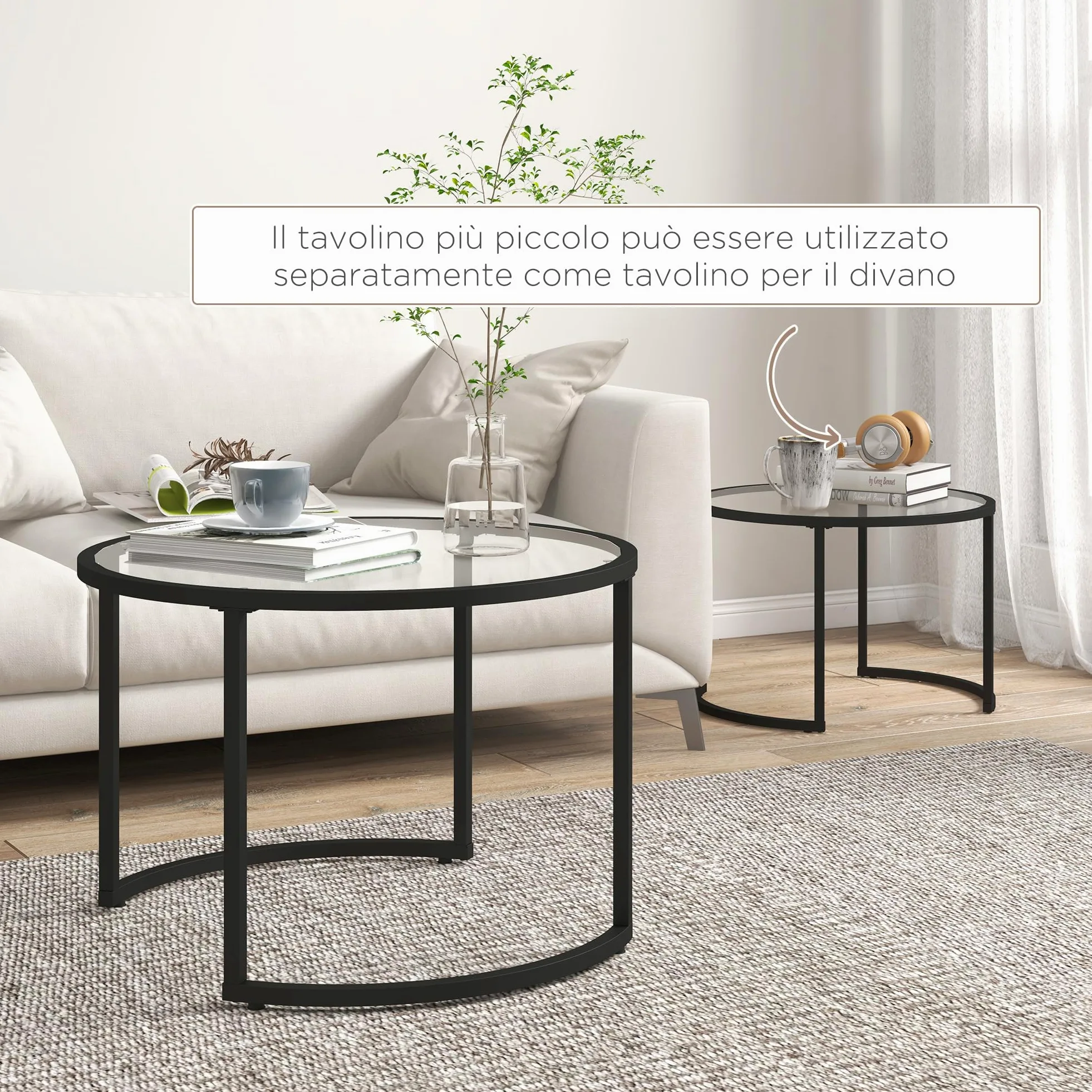HOMCOM Set di 2 Tavolini da Caffè Impilabili Ø70x47.5cm e Ø54x42.5cm Nero | Sovrapponibili, Tavolini Bassi Rotondi da Salotto, Vetro Temperato e Acciaio, per Soggiorno Camera e Ufficio