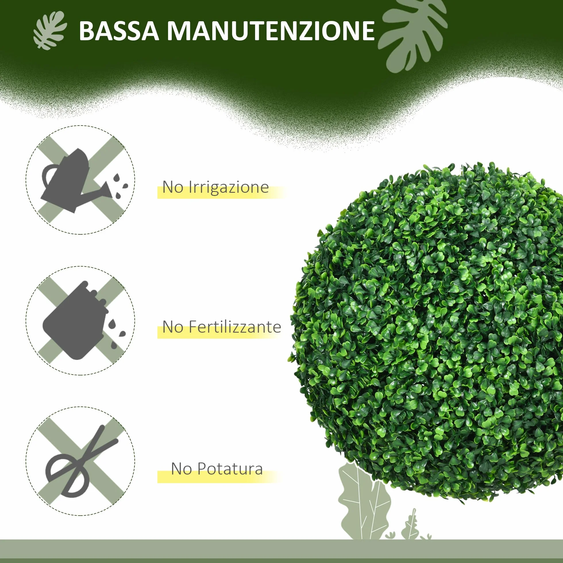 HOMCOM Set di 2 Piante Finte Sfera di Bosso Ø40cm, Piante Artificiali Decorative da Interno ed Esterno, Giardino, Ufficio, Soggiorno, Verde