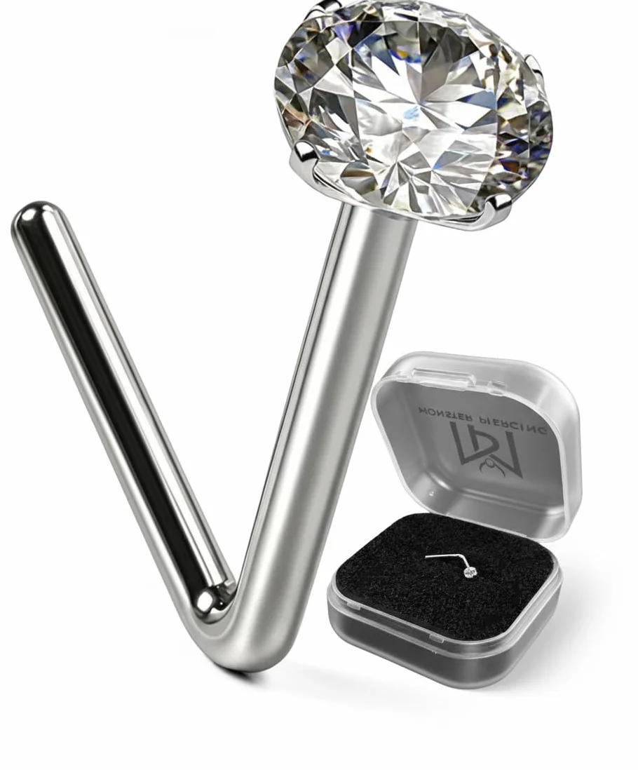 Perno del naso Piercing in Oro Bianco 9k con CZ Rotondo Forcone L Bend