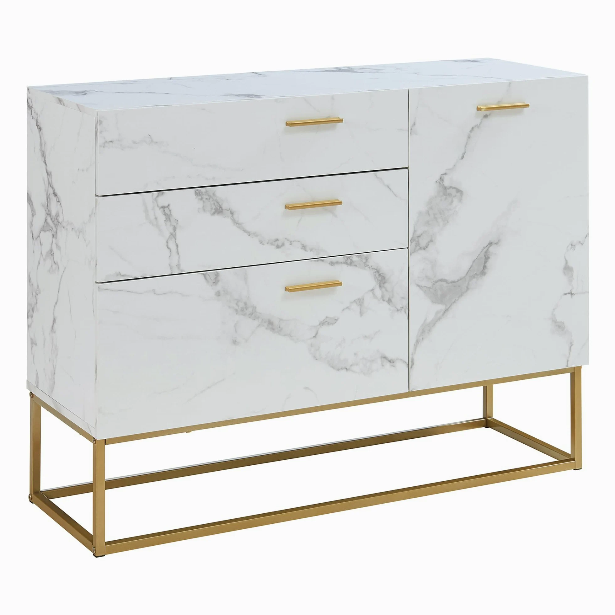 [en.casa] Comò con Anta e 3 Cassetti Armadio Basso Mobile Contenitore per Soggiorno Ingresso con Telaio in Metallo 75 x 100 x 35 cm Dorato/Effetto Marmo Bianco