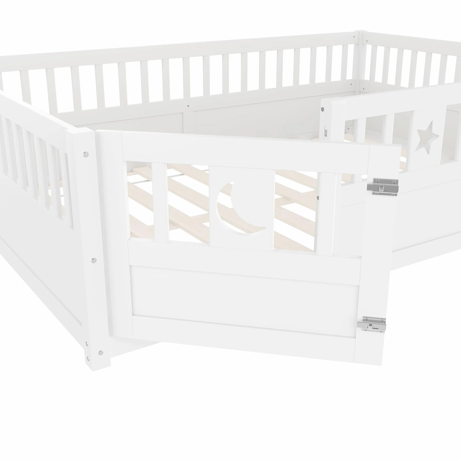 Letto per Bambini 140 x 190 con Ringhiera, Montessori Letto a Terra Bambino con Rete a Doghe, decorazione a Stella e Luna, Struttura letto in Legno di pino(Senza Materasso)
