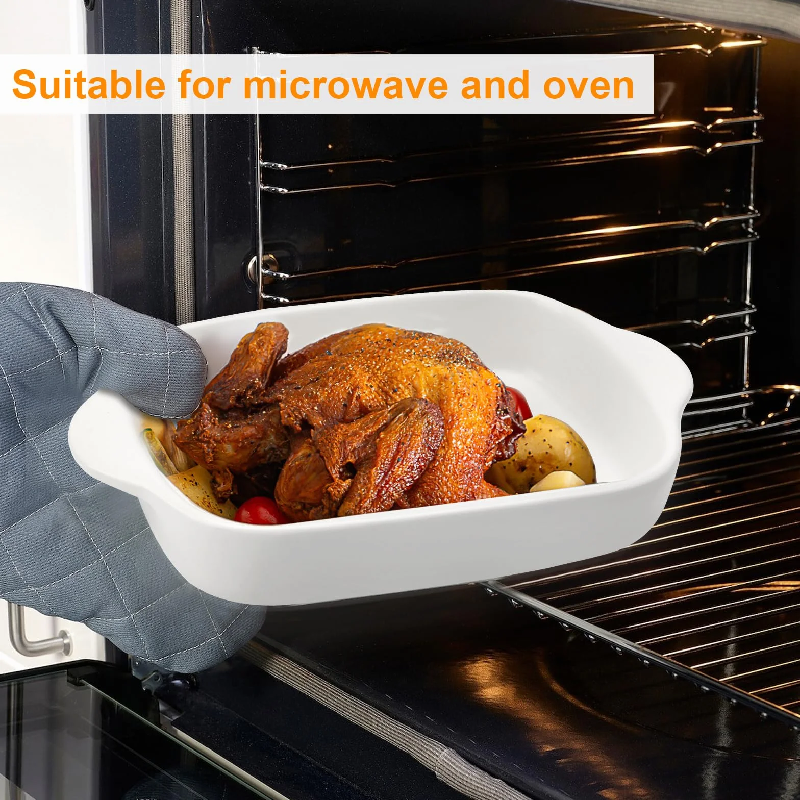 2 pirofile in ceramica, per lasagna, 23,2 x 14,2 x 4,5 cm, rettangolari, piccole pirofile, con manico, in ceramica, rettangolari, per lasagne, tiramisù e casseruola (bianco)