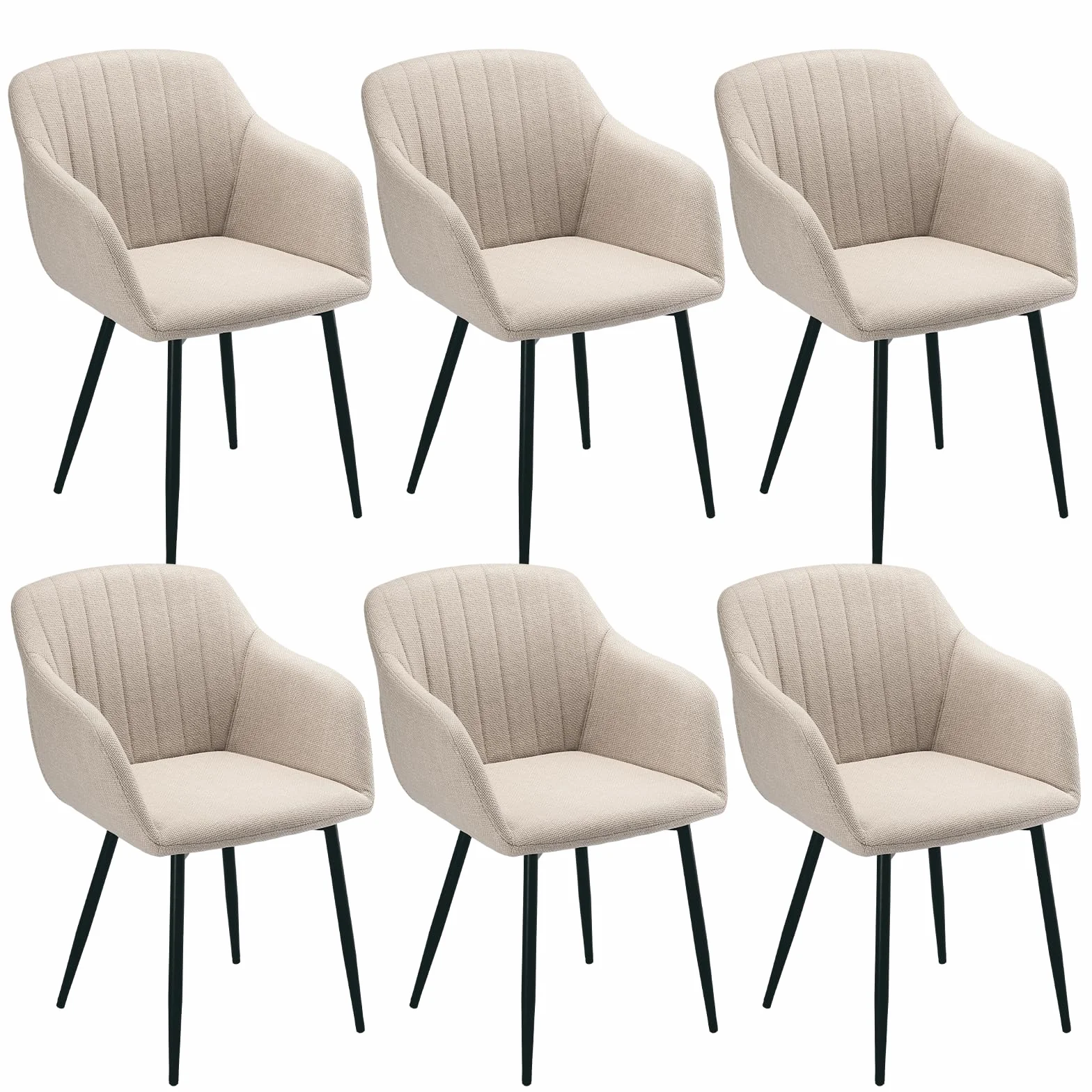 Set 6 Sedie da Pranzo Beige Imbottite con Braccioli, Poliestere, Gambe in Metallo – Cucina e Sala Moderna