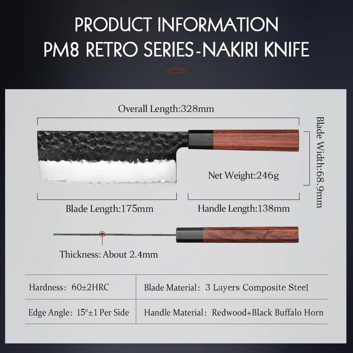 HEZHEN Coltello Nakiri Giapponese Multiuso per Affettare Carne e Verdure, Manico Ergonomico Ottagonale in Legno di Sequoia