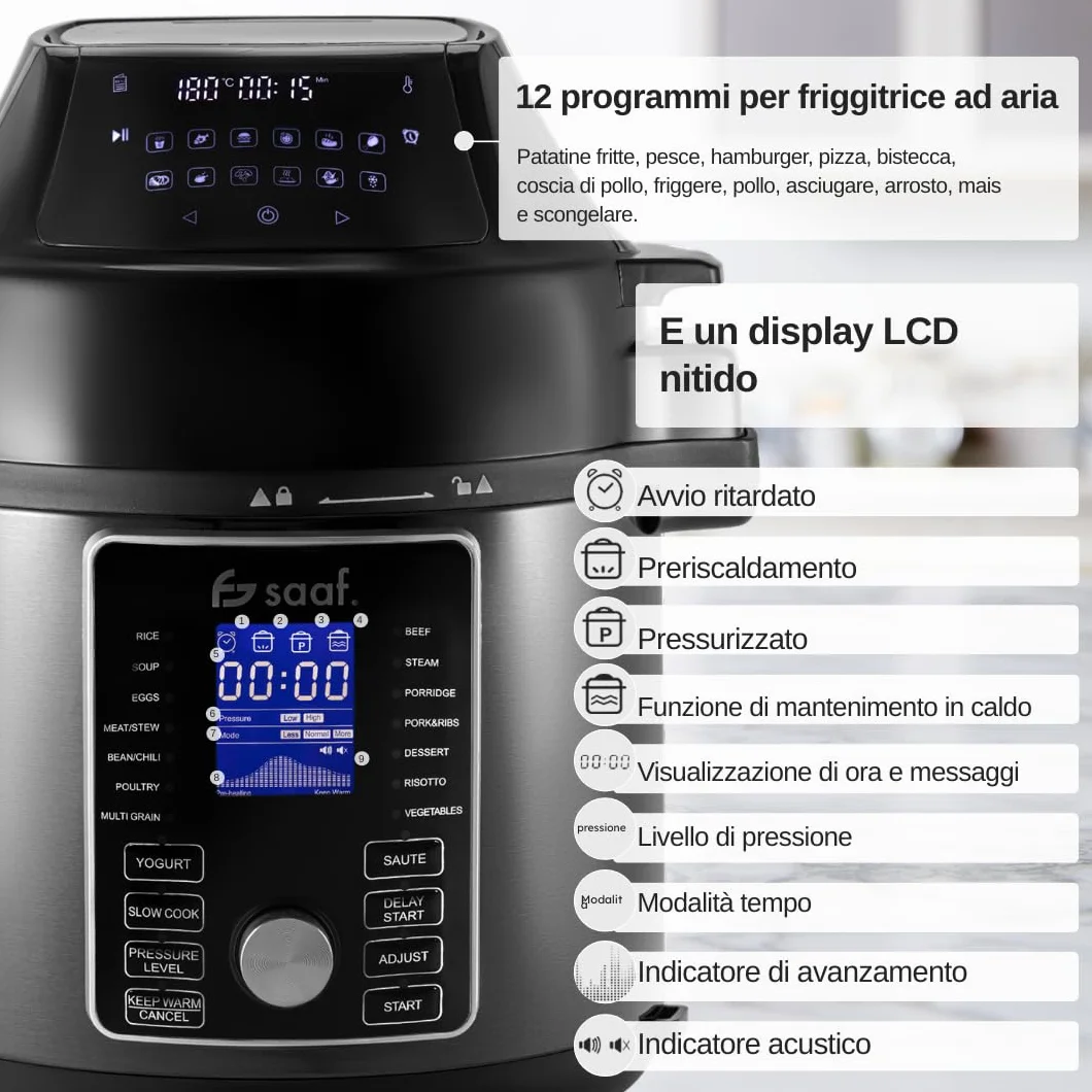 Saaf Multicooker con Airfryer 6L Set 15 Pezzi 24 Programmi Slowcooker Digitale