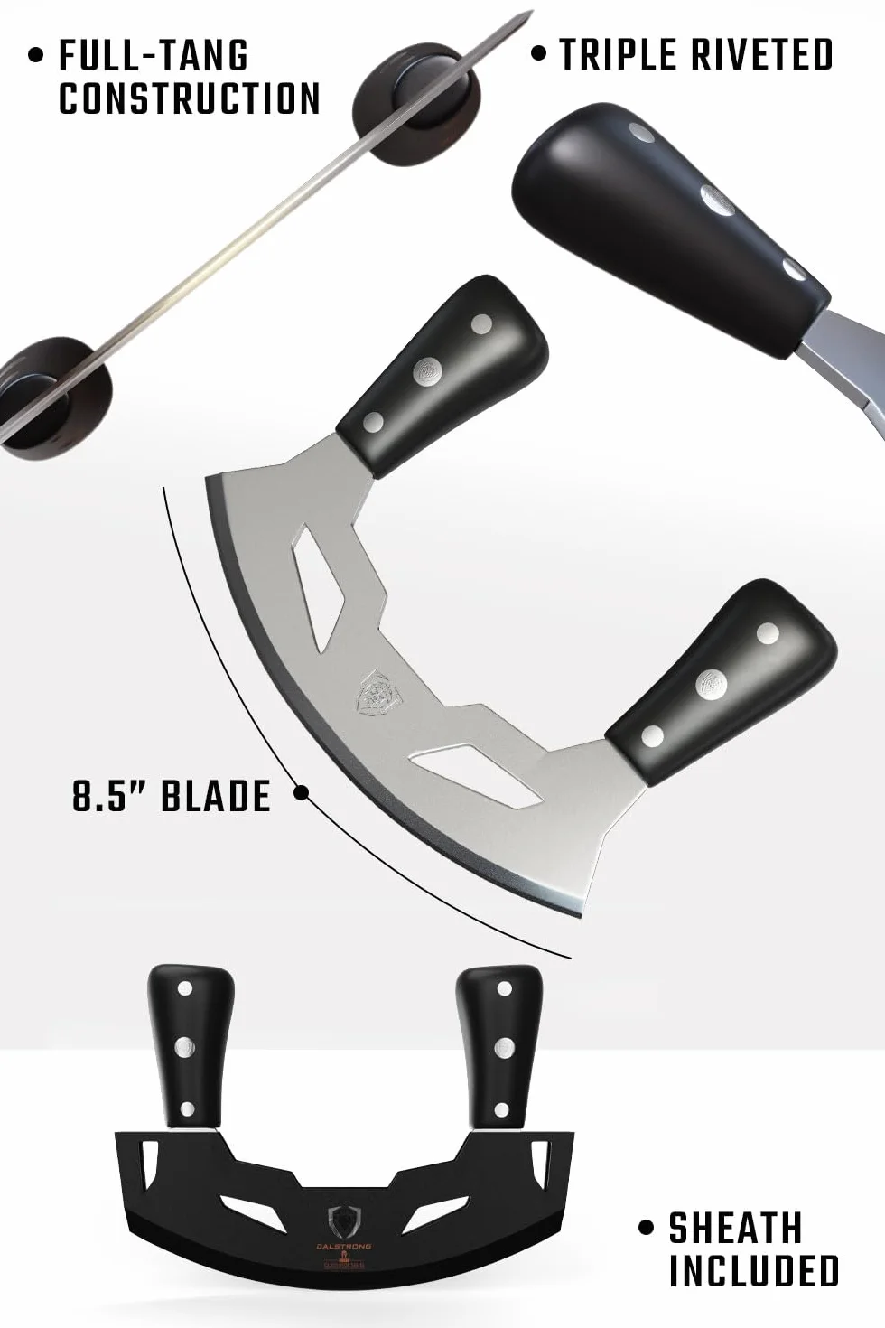DALSTRONG Mezzaluna Knife - 8.5" Blade - Gladiator Series - Rocking, Mincing & Chopping Produce Knife - Black ABS Handle - w/Sheath