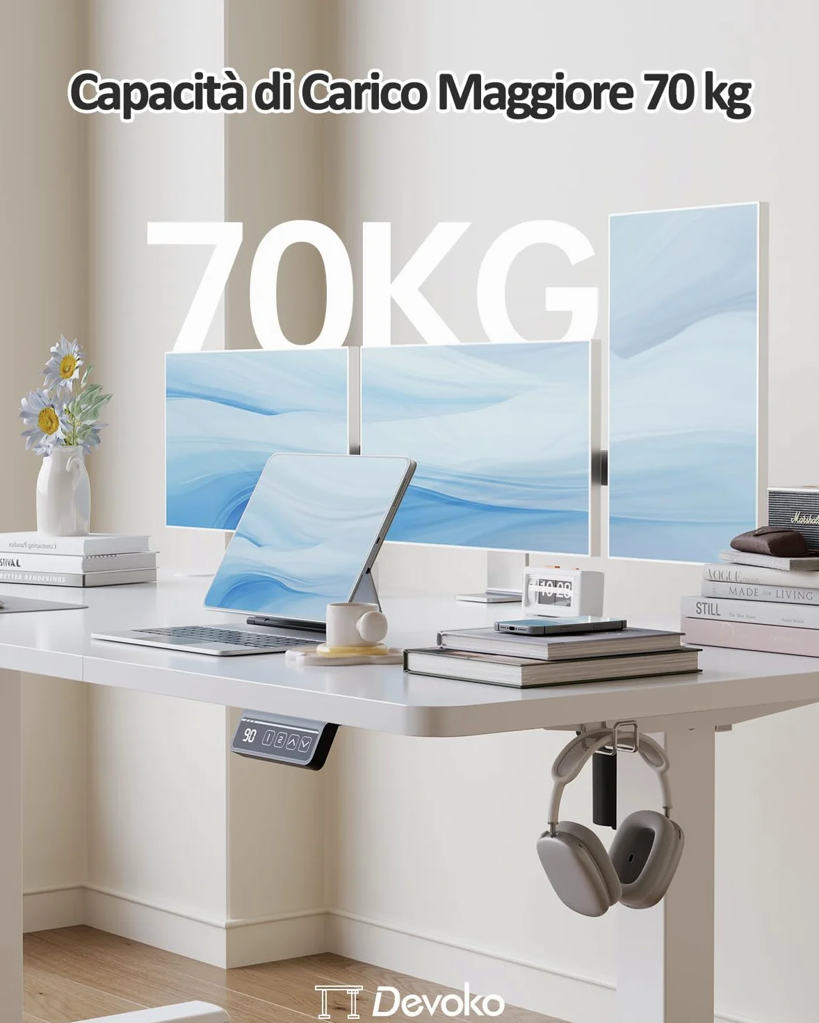Devoko 120x60 cm Scrivania Regolabile in Altezza,Elettrica per Lavoro in Piedi, Ufficio e Casa, Standing Desk Scrivania Studio in Casa con Piano Assemblato, Bianco