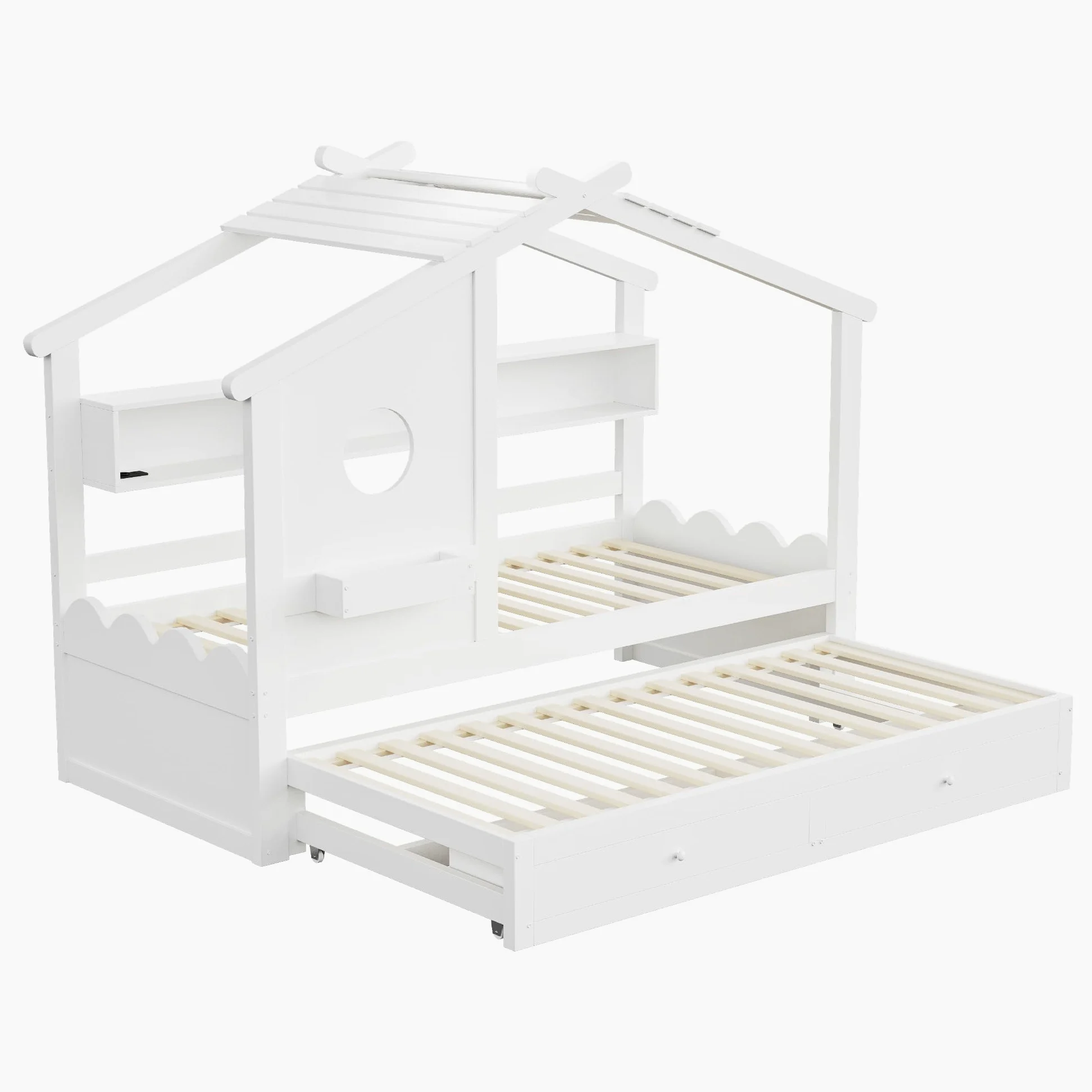 Letto Casetta per Bambini Ragazzi 90x200 con letto estraibile 90x190, Letto a Forma di Casa con LED e Porte di ricarica USB, 2 Cassetti e Ripiani, Struttura letto in Legno Massiccio(Senza Materasso)