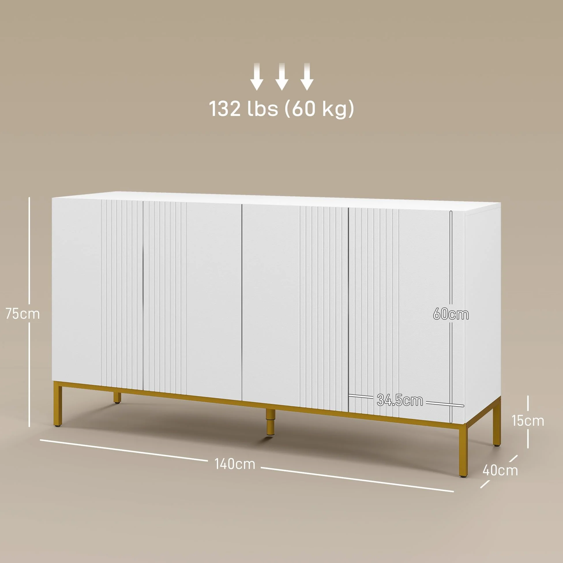 HOMCOM Credenza Moderna con 4 Ante e Mensole Regolabili Mobile da Soggiorno e Salotto con Chiusura Soft Close Bianco e Oro