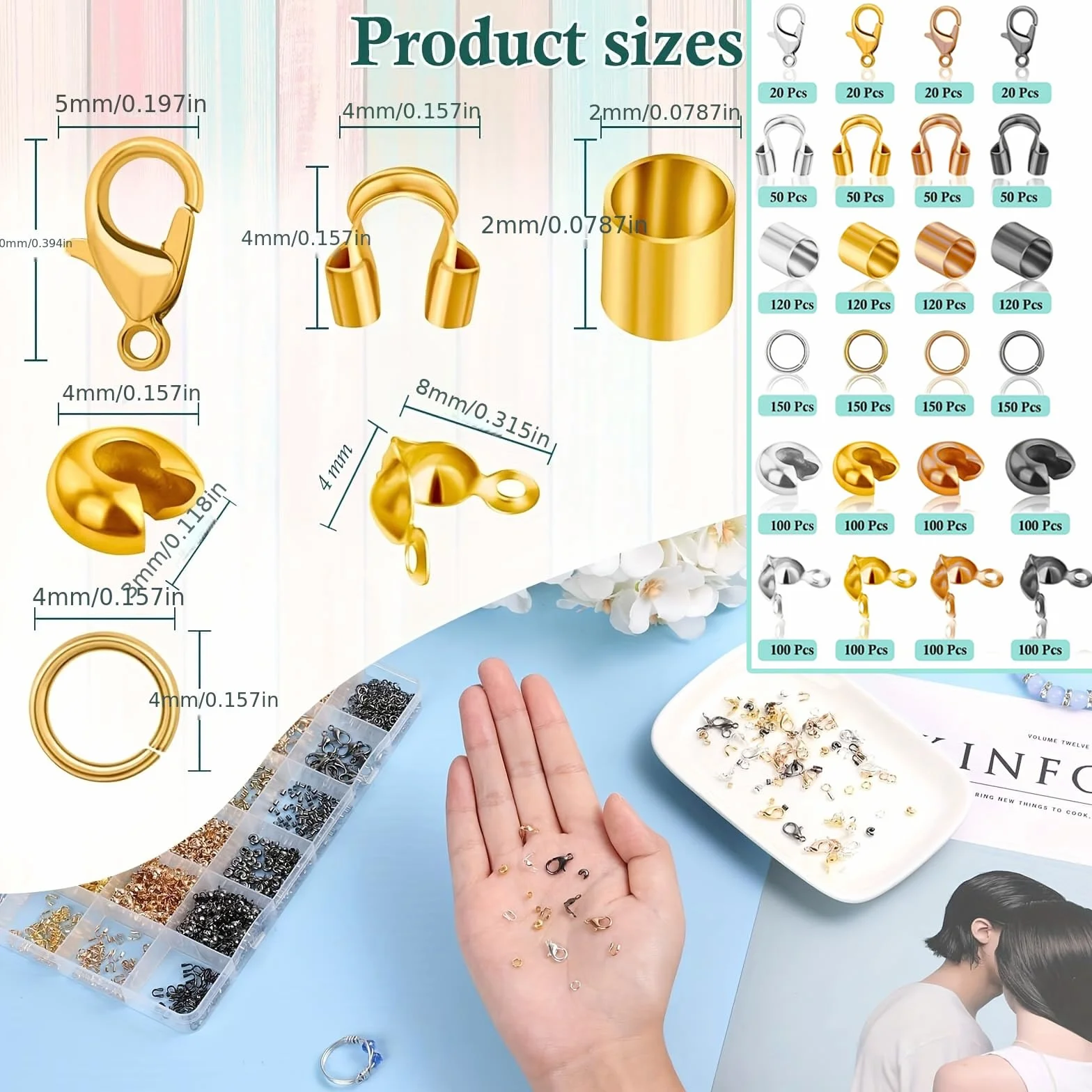 Bikasunchiusura per bracciale, 2160 pezzi, set di chiusura per braccialetto, Chiusura a catena, chiusura con aragosta, perline crimp, perline schiacciate (oro, argento, oro rosa, nero)
