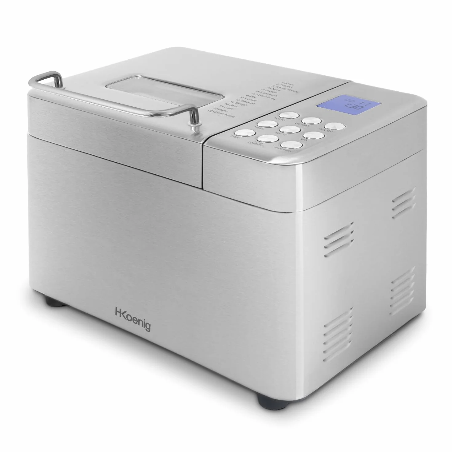 H.Koenig BAKE440 Macchina per il pane 15 programmi, fino a 1 kg di pane, marmellata, yogurt, avvio ritardato, keep warm, dispenser per cereali, ciotola antiaderente rimovibile, schermo LCD, 600W