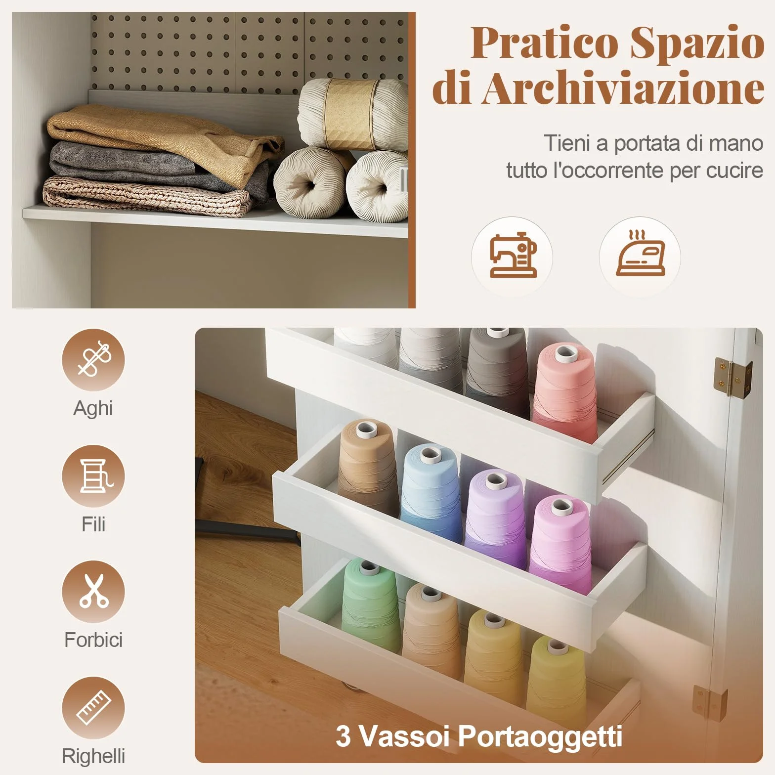 RELAX4LIFE Tavolo da Cucito Pieghevole con Ampio Piano del Tavolo, 3 Vani, Ripiano Portaoggetti,Mobiletto Salvaspazio con Ruote per Ago, Filo e Forbici (Con Prese,Bianco)