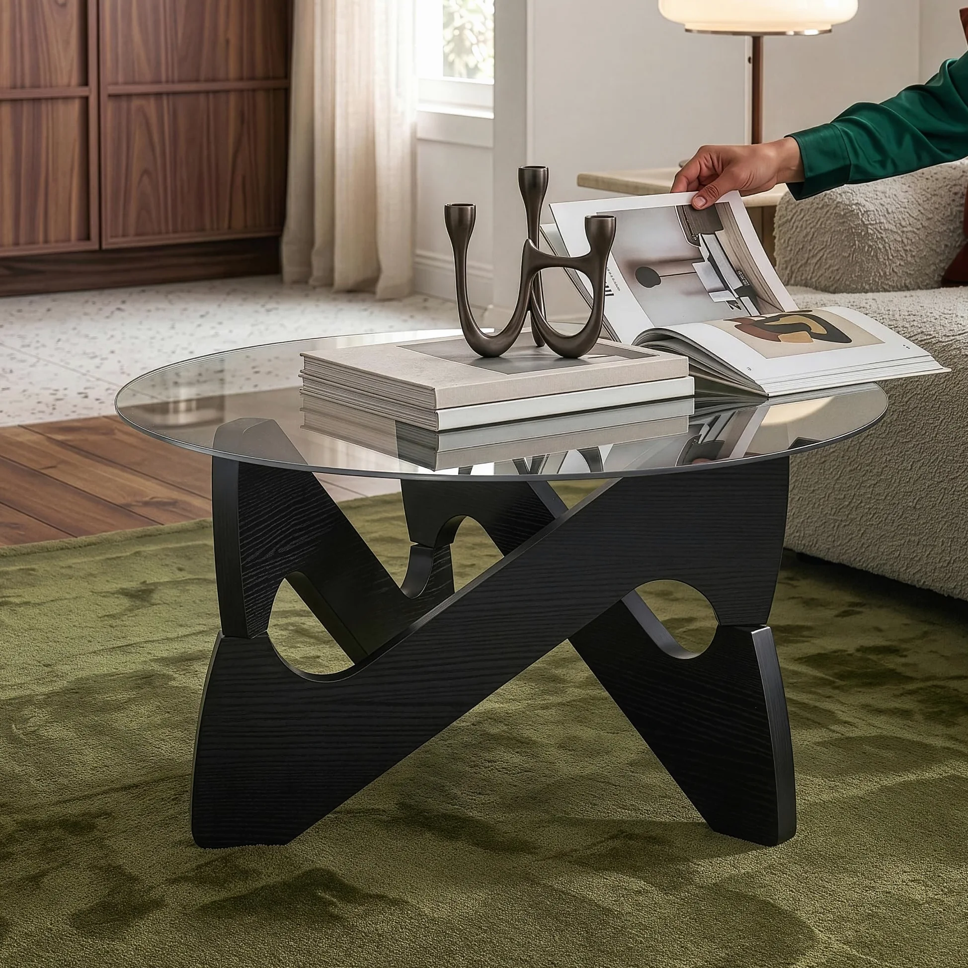 [en.casa] Tavolino da Caffè con Piano in Vetro Fumé 70x35 cm Nero/Grigio | Tavolo Basso Centrale per Salotto Soggiorno Living Piano Rotondo Circolare in Vetro Temperato Struttura Geometrica