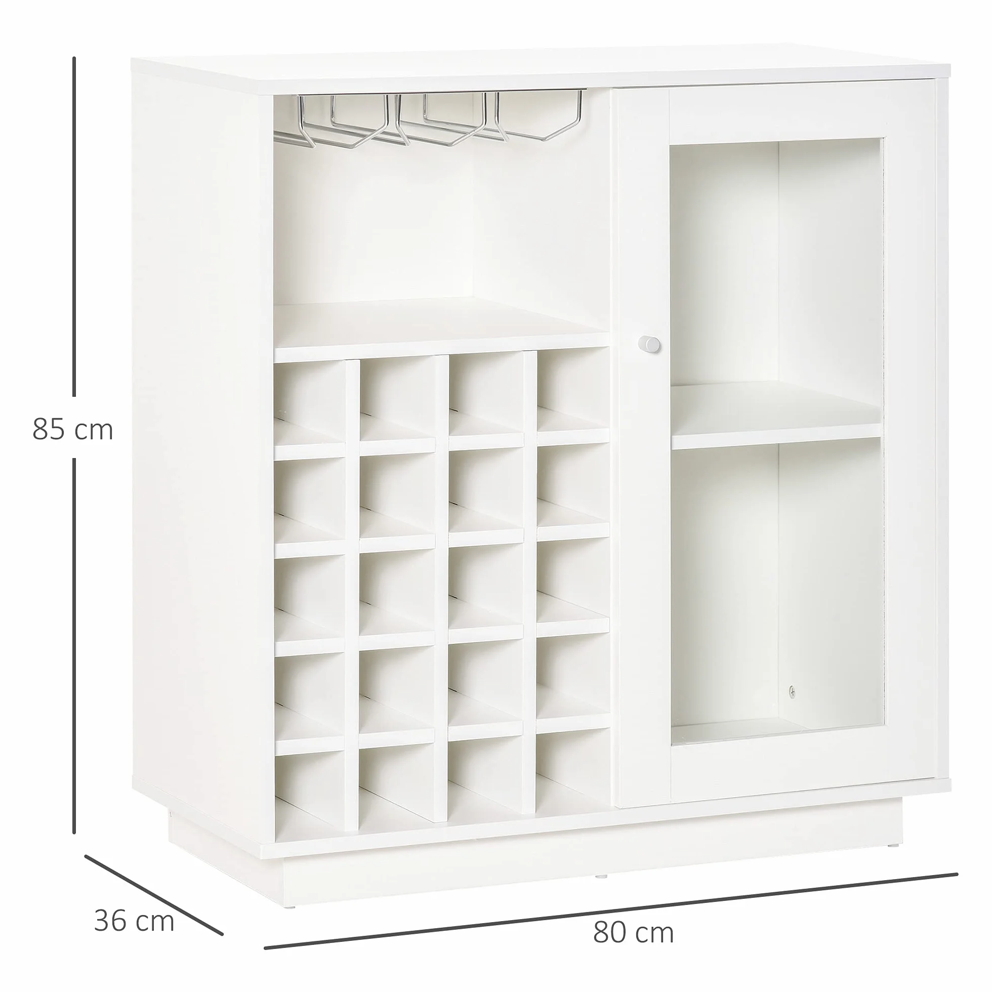 HOMCOM Mobile Portabottiglie per 20 Bottiglie, Porta Vini con Anta in Vetro, Cantinetta Portabottiglie con Porta Calici e Armadietto, 80x36x85 cm, Bianco