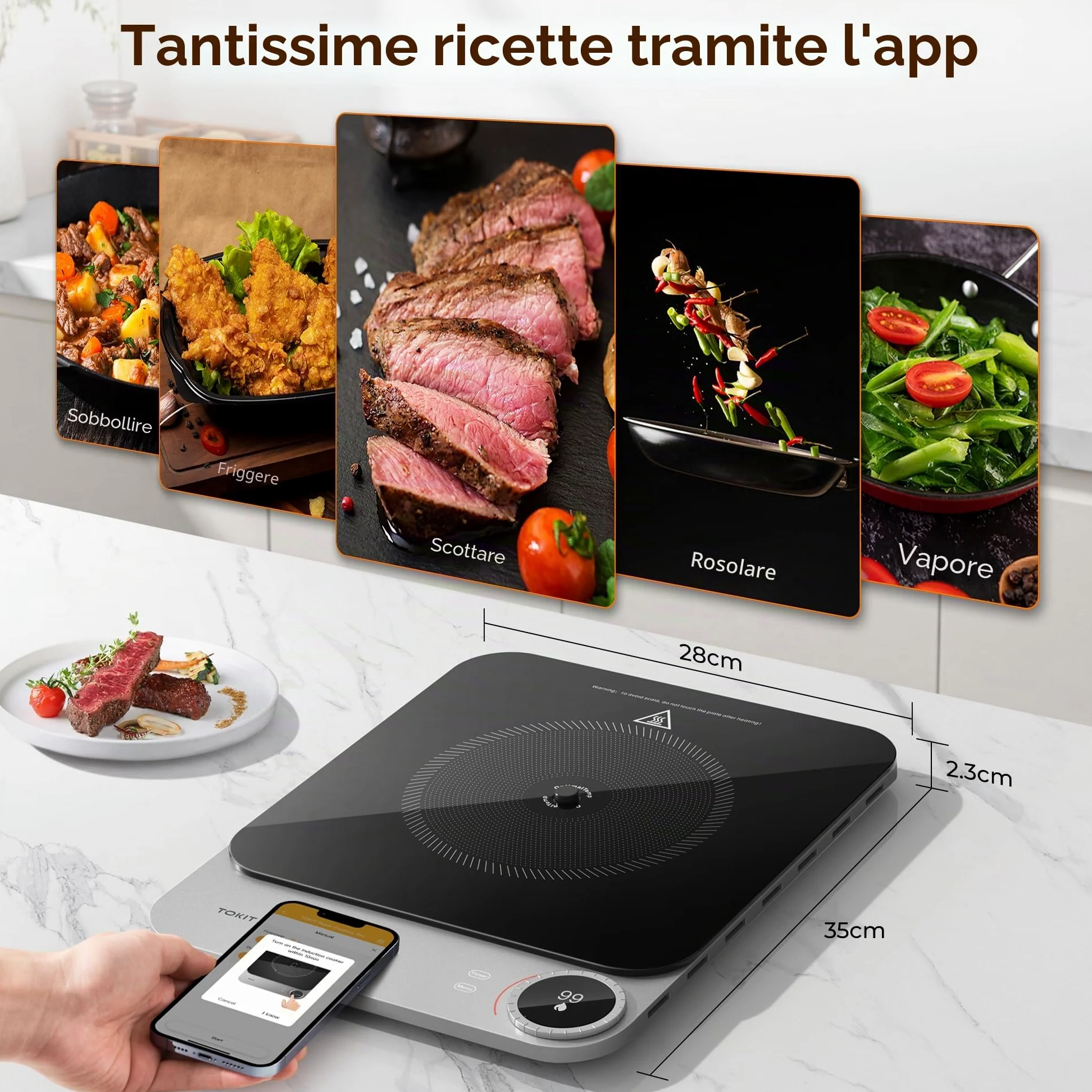 TOKIT Piastra Di Cottura A Induzione, Fuoco A 99 Livelli, Manopola+Controllo A Sfioramento,2100 W, Con Display Oled, Timer, Sensore Di Temperatura Ultra Sottile Da 20 Mm Controllo Tramite App