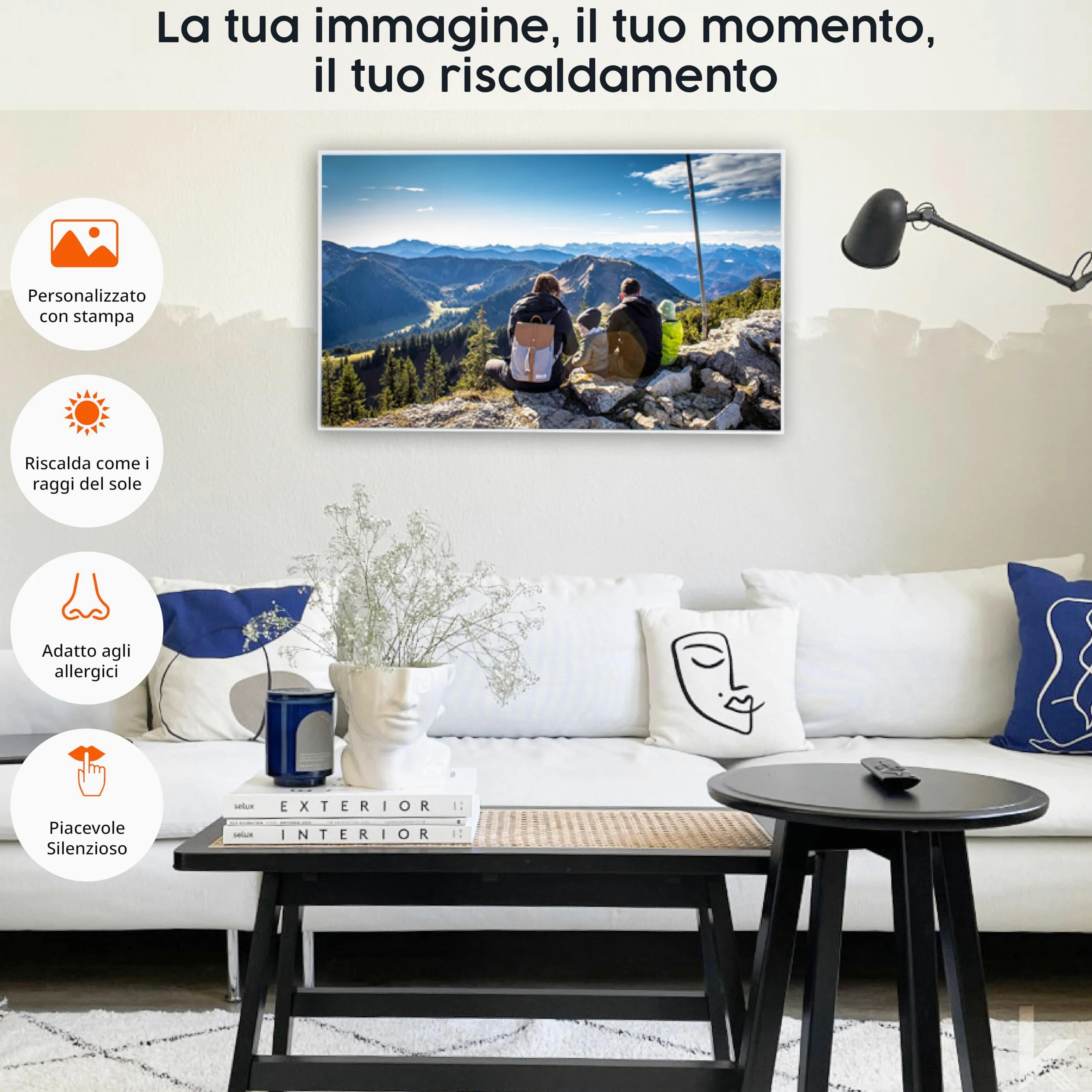 Könighaus Riscaldatore a infrarossi con foto & immagine personale – TÜV SÜD & 5 anni di garanzia – Made in Germany (caricate il vostro motivo) (800W - cornice bianca) - termostato incluso