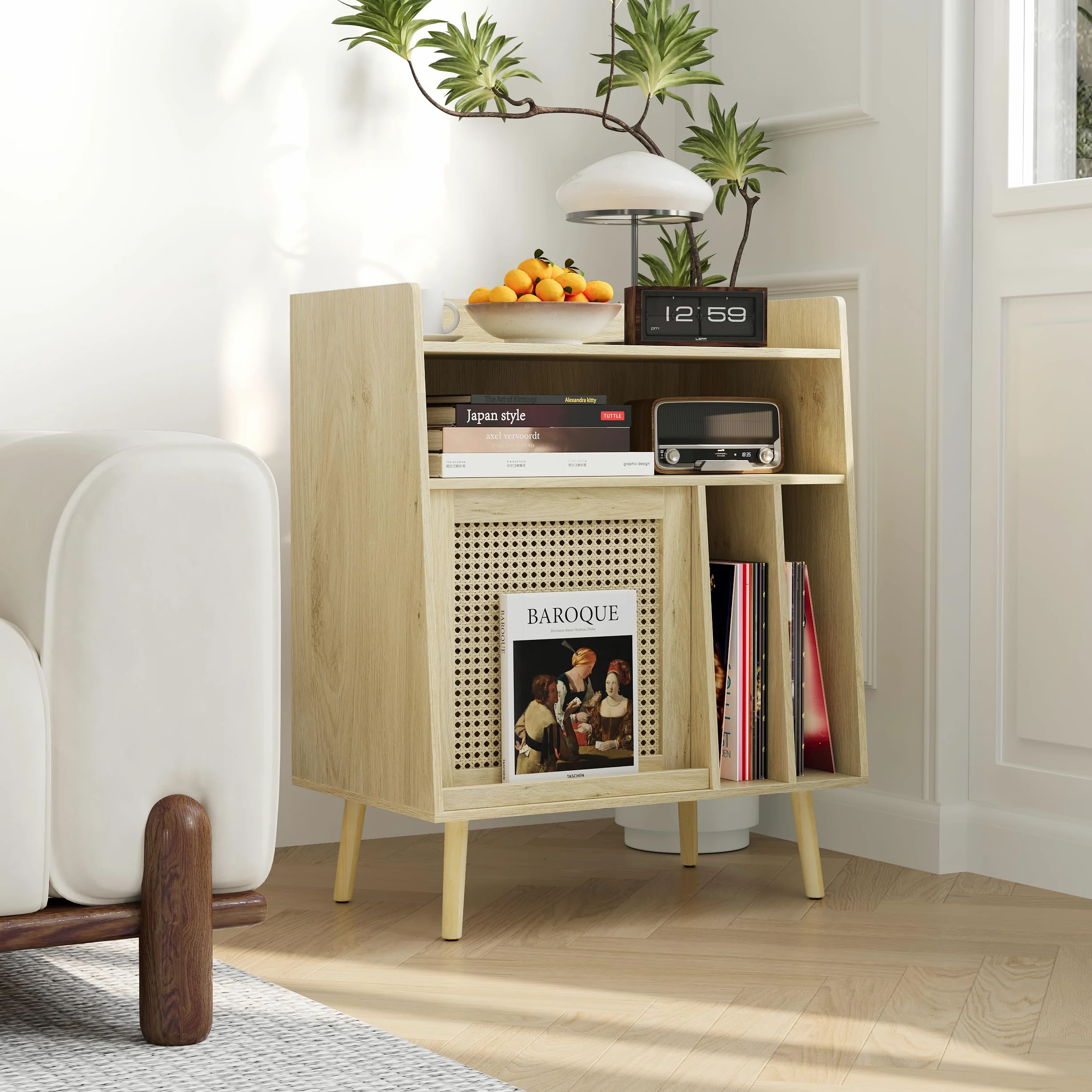 Semiocthome Giradischi con funzione di conservazione in vinile, supporto per dischi con ante in rattan e gambe in legno massello, adatto per giradischi. (grande)