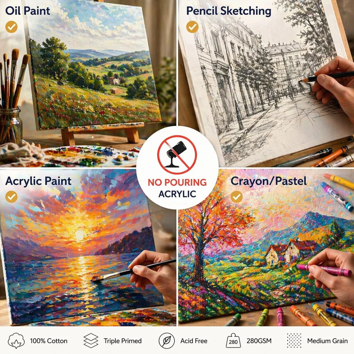 Artme Pannelli in Tela 20pz - 15x20,20x20,30x30,24x30,30x40cm Formati Assortiti Bianca per Pittura - 3mm 280GSM/ 100% cotone/Triplo con innesto/Senza acidi/Grana media /- Acrilico/Olio