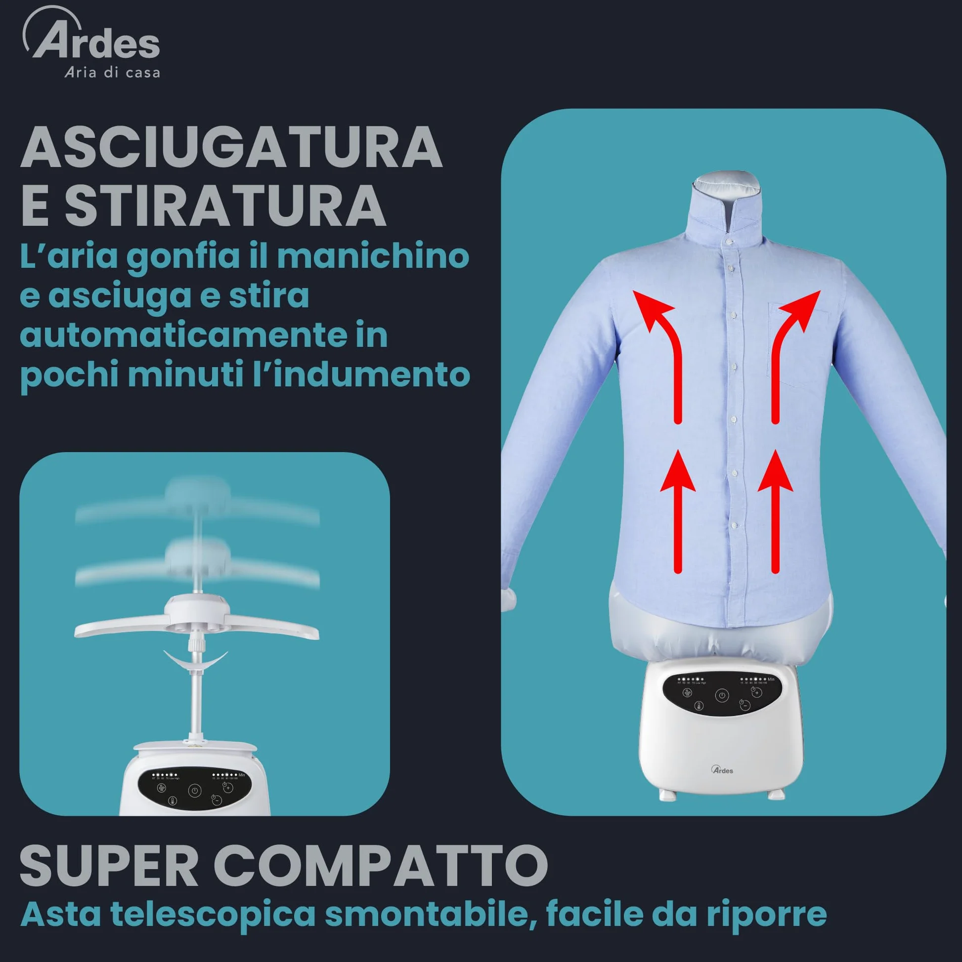 Ardes BLOWY PRIME Stiratrice Automatica e Manichino di Asciugatura 2 in 1, Stiratura Verticale senza Pieghe, 4 Clip di Peso, Timer e Schermo Digitale