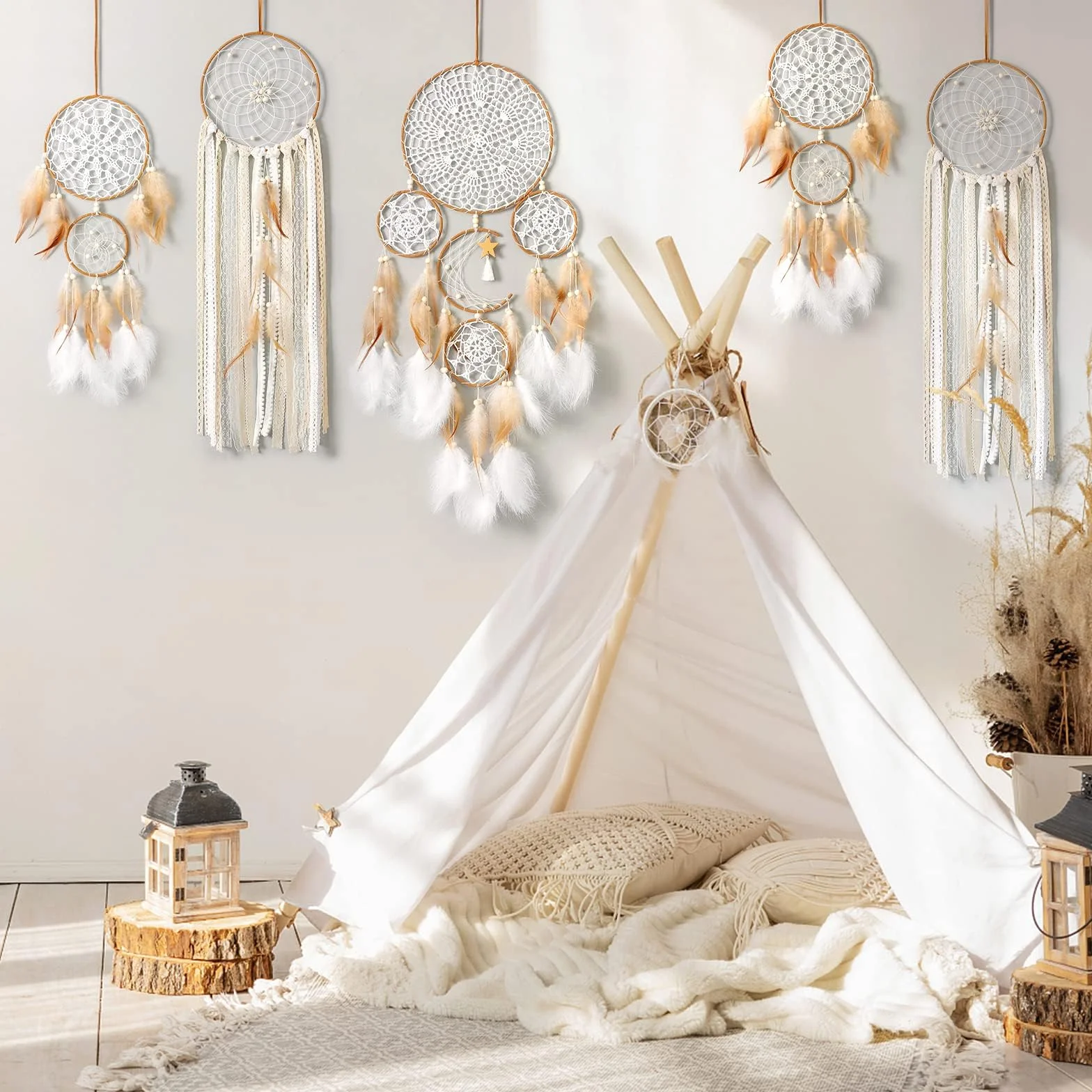 Set di 5 acchiappasogni motivo luna e sole bohémien fatti a mano per parete decorazione camera da letto