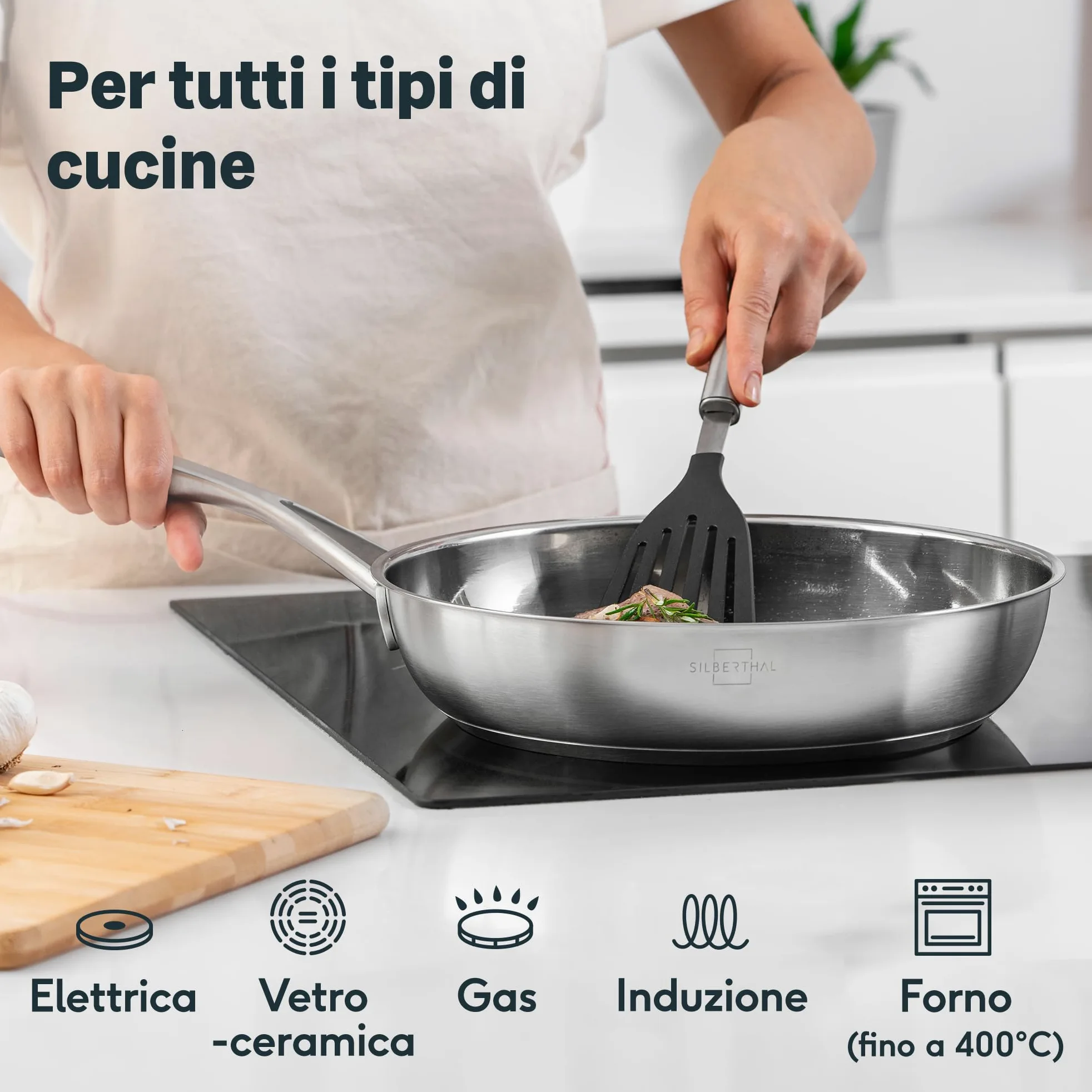 SILBERTHAL Set padelle acciaio inox 20 24 e 28 cm - Induzione gas e forno 400ºC - Senza rivestimento 18/10 - Triplo fondo