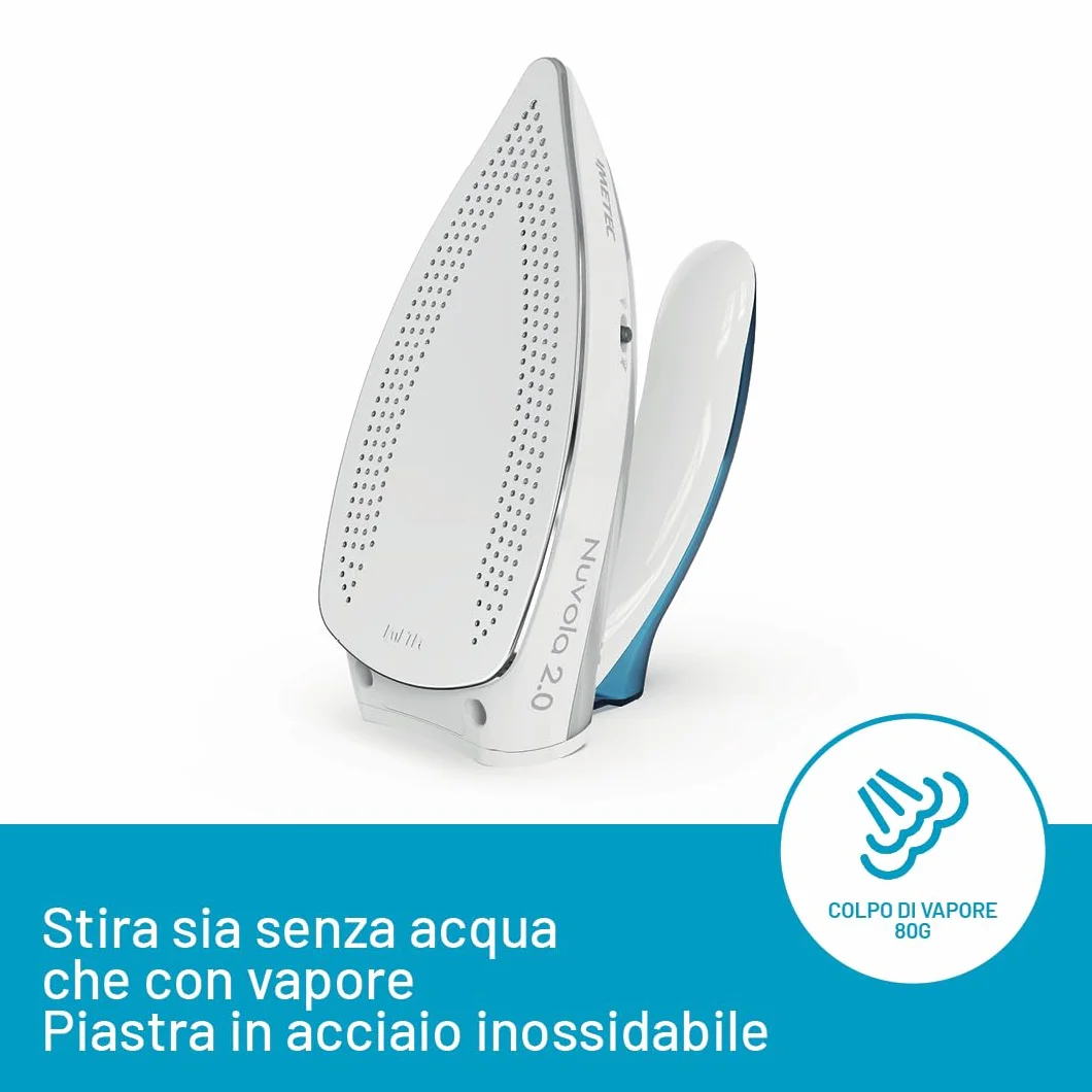 Imetec Nuvola 2.0 - Ferro da Stiro da Viaggio a Vapore - Piastra in Acciaio Inox - 1000 Watt - Compatto e leggero - Manico pieghevole - Custodia da Viaggio - Doppio Voltaggio - Colpo vapore 80 g
