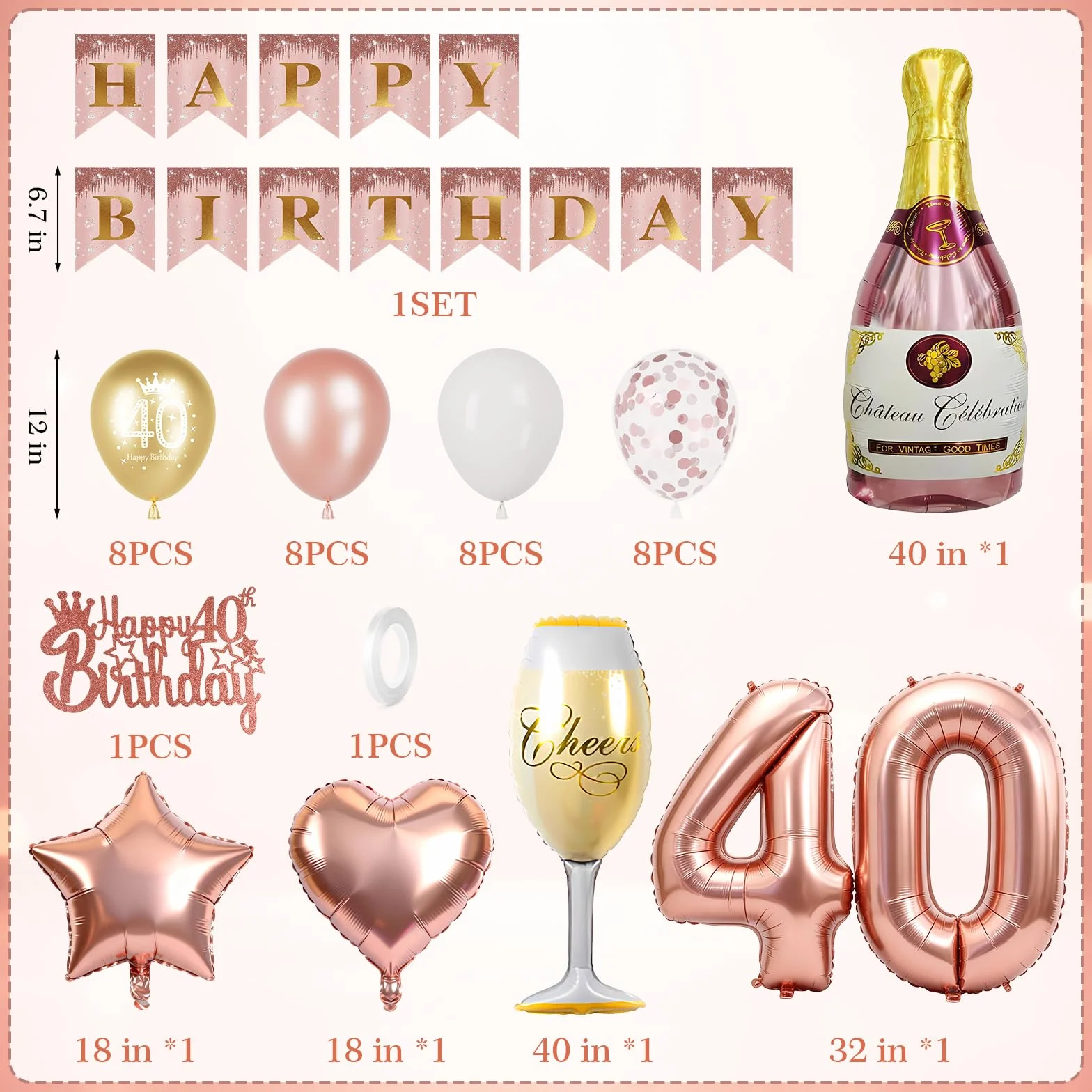 Palloncini 40 Anni Compleanno Donna Rose Gold, Decorazioni 40 Anni, Palloncino Numero 40, Bottiglia Champagne, Calice, Cuore e Stella Foil, Banner Happy Birthday, Cake Topper, Accessori Festa