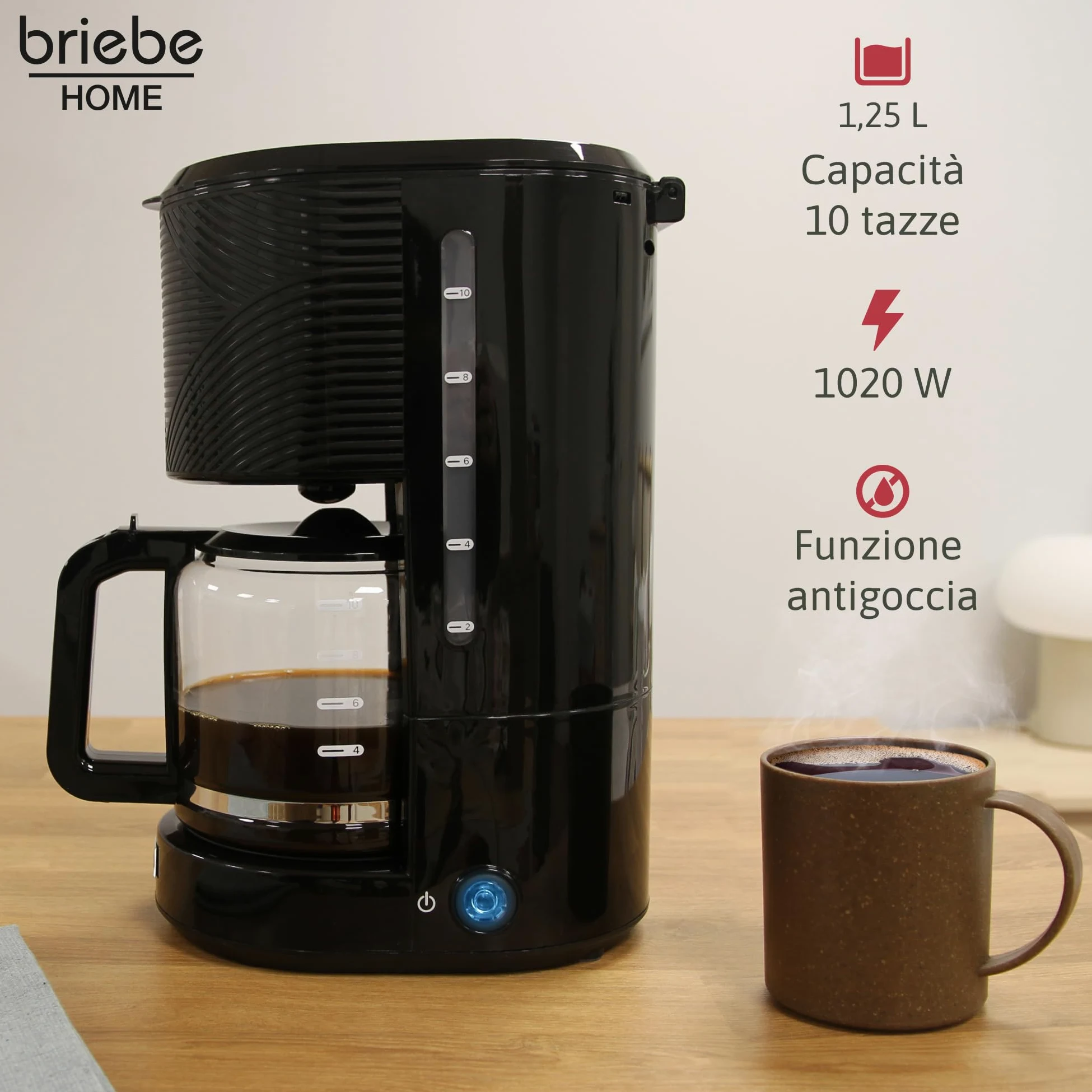 briebe Elegance, Set tostapane con fessura larga 2 fette + bollitore d'acqua elettrico 1,7 l senza fili 2200 W, senza BPA + caffettiera a goccia con filtro 10 tazze 1,25 l, set colazione design