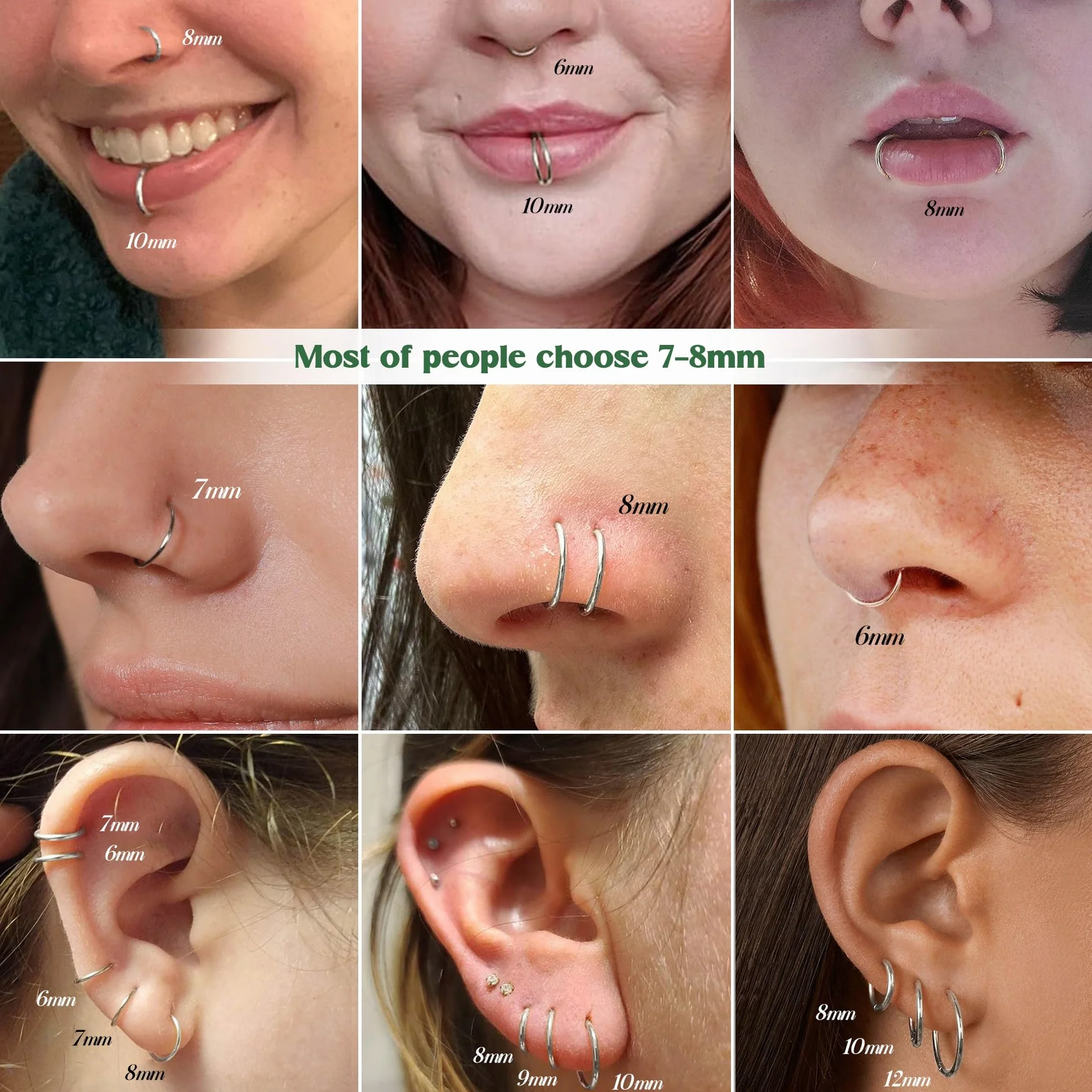 BodyBonita Piercing Naso Anello con Cerniera 316L Acciaio Chirurgico Septum Clicker Cartilagine Oro/Argento/Nero