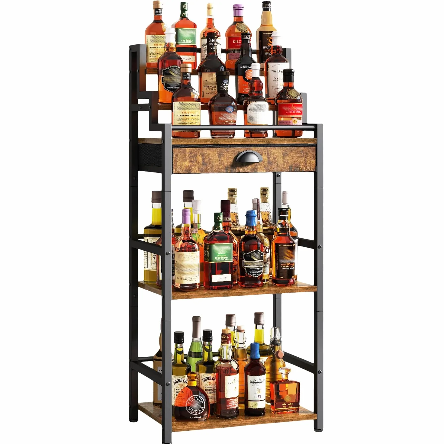IBUYKE Portabottiglie Vino Gradini da Terra,Mobile Vino con Cassetto per Whisky,Espositore per Bottiglie di Liquori per Bar, Soggiorno, Sala da Pranzo,Marrone TMJ915H