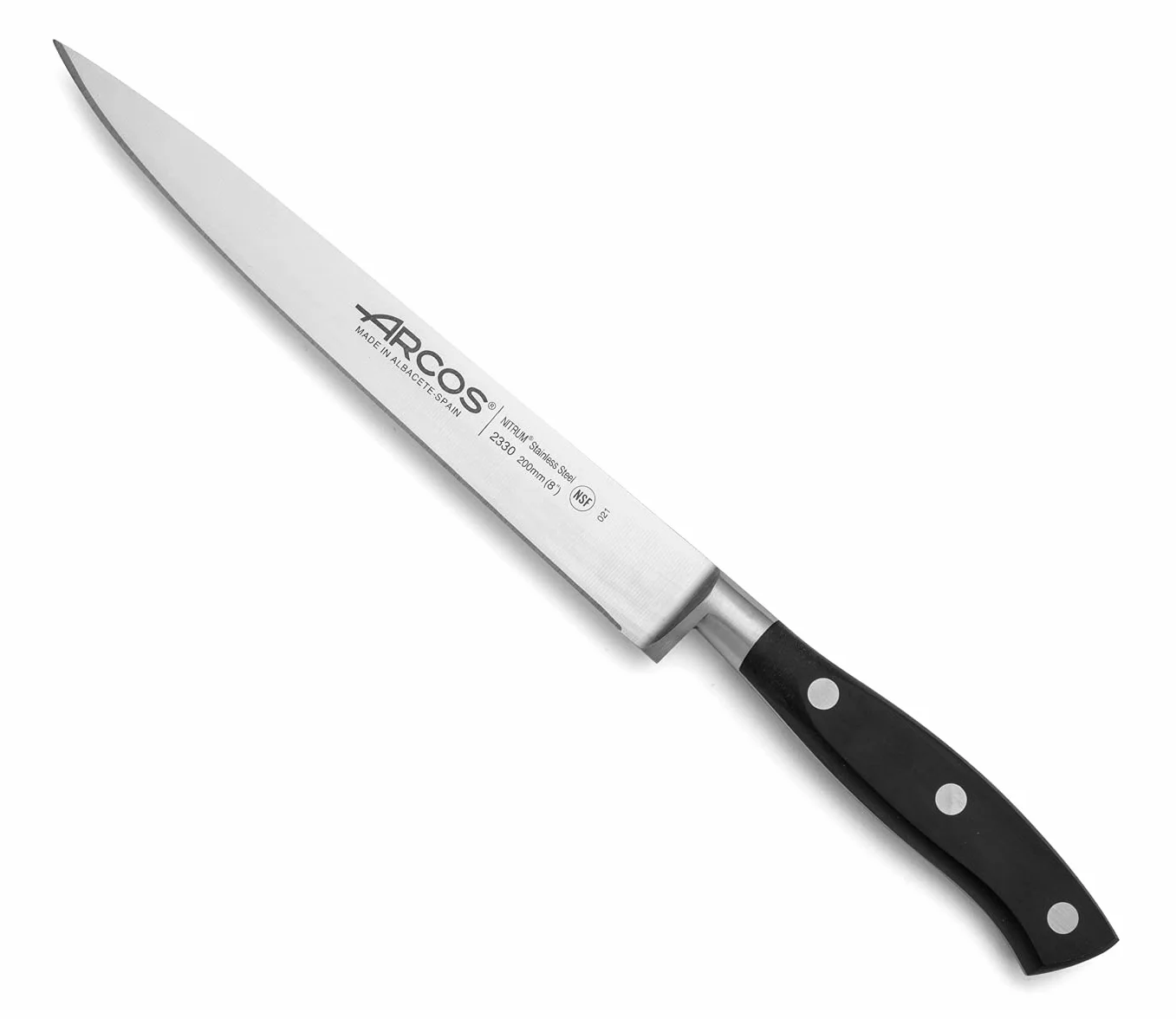 Arcos Coltello per Filettare con Lama in Acciaio Inossidabile Nitrum 200 mm – Manico Ergonomico in Poliossimetilene POM, Ideale per Filettare Carne e Pesce – Nero, Serie Riviera
