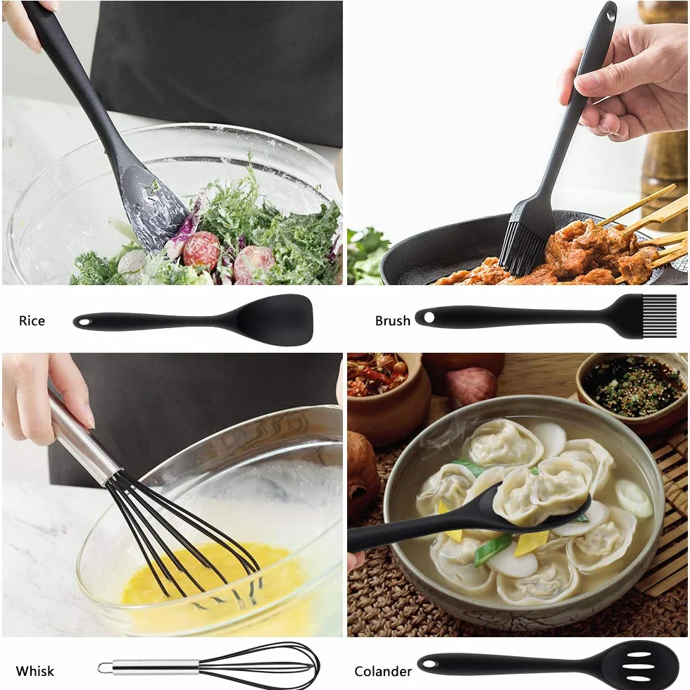 Utensili da Cucina in Silicone -10 Pezzi, Utensili da Cucina Resistenti al Calore Antiaderenti da Cucina(Spatola, Cucchiaio Scanalato, Forchetta per Pasta, Paletta, Pinza, Frusta, Pennello)
