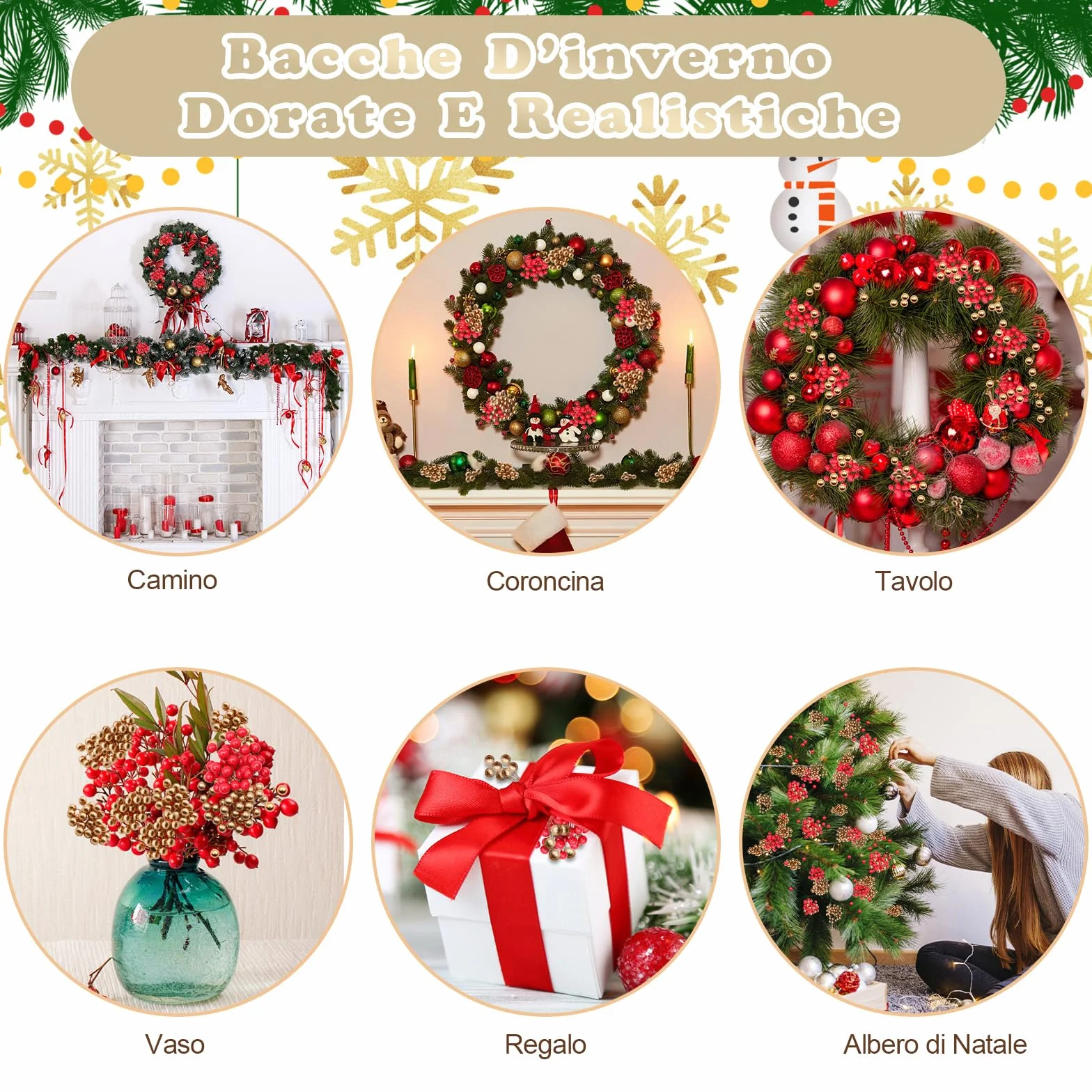 Bacche di Natale Artificiali VEGCOO 210 Pezzi 10 mm Agrifoglio Rosso e Oro per Decorazioni Natalizie