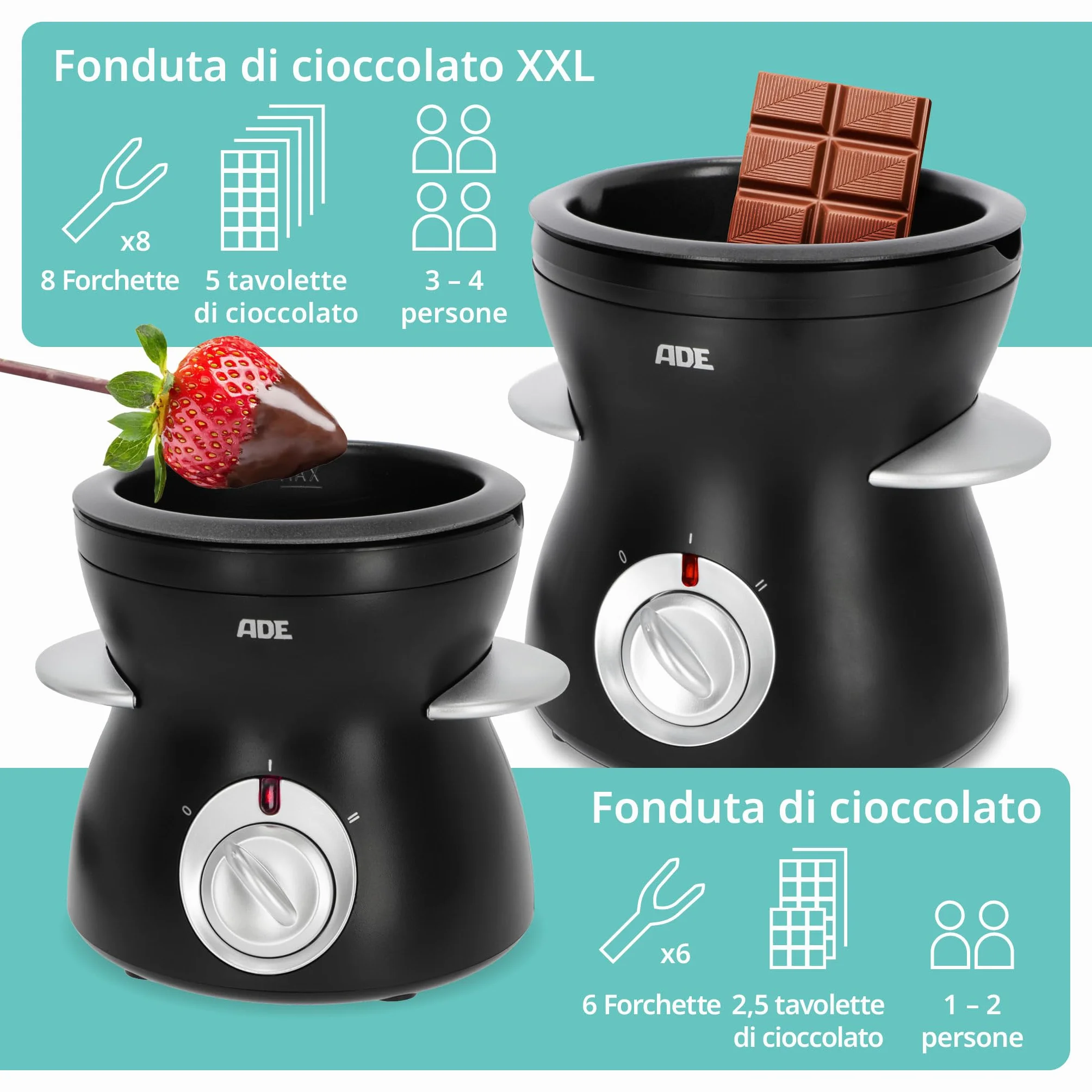 ADE Set per fonduta di cioccolato elettrico 500ml con 8 forchette 2 temperature ciotola rimovibile rivestita in teflon