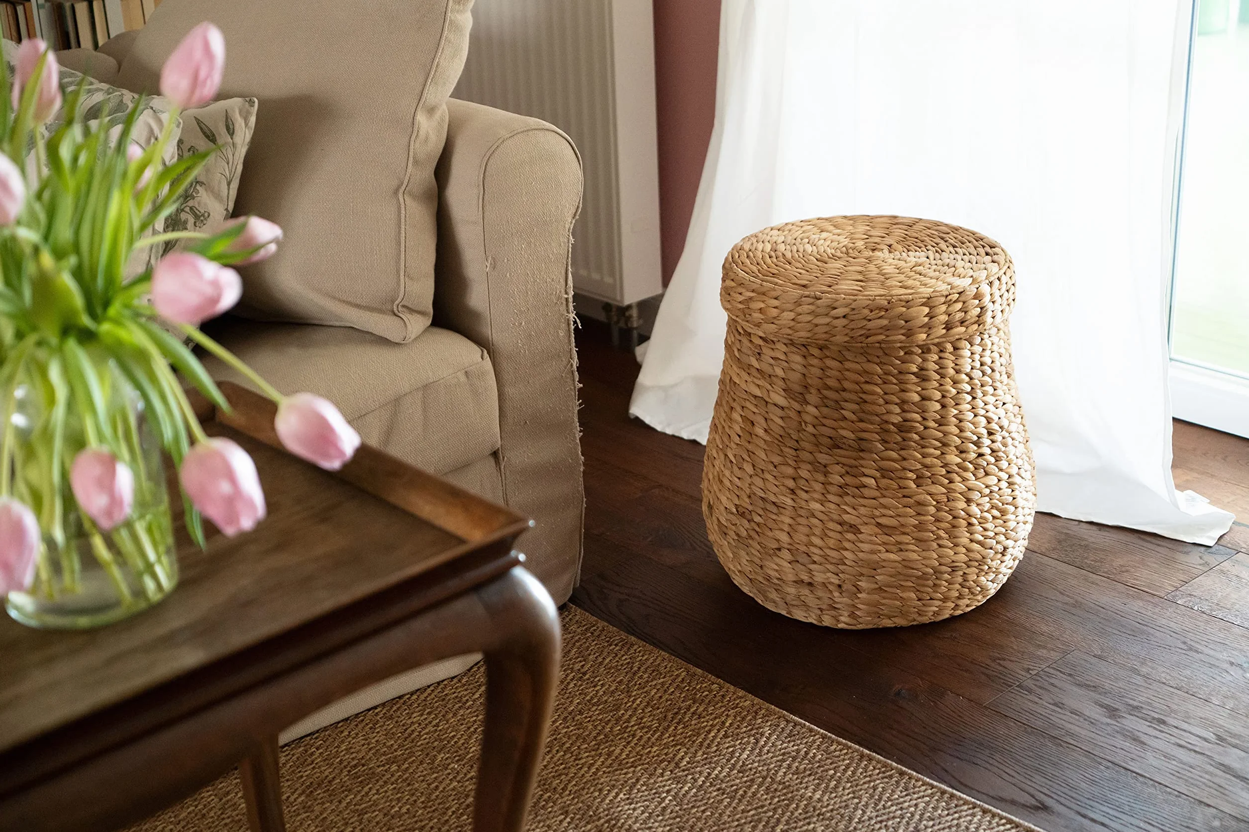 Decorasian - Cesto portabiancheria intrecciato con coperchio - Grande e rotondo - Grande cesto in giacinto d'acqua con manico - Cesto portabiancheria in rattan con manico - Contenitore - 46 cm