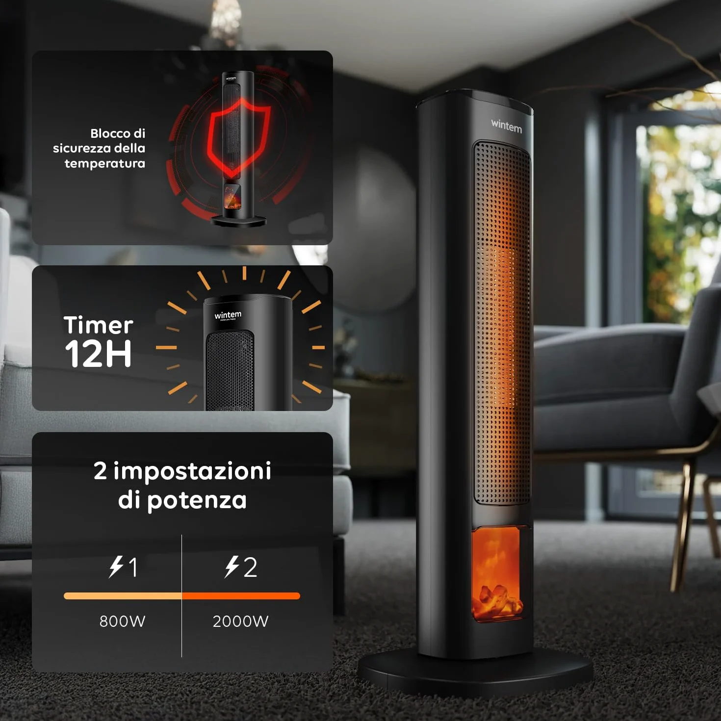 Avilia Termoventilatore a Torre 800/2000W con Funzione Oscillante Automatica e Comodo Telecomando - Elegante e Sicuro Grazie alla Funzione, Anti Surriscaldamento con Spegnimento Automatico - 60cm