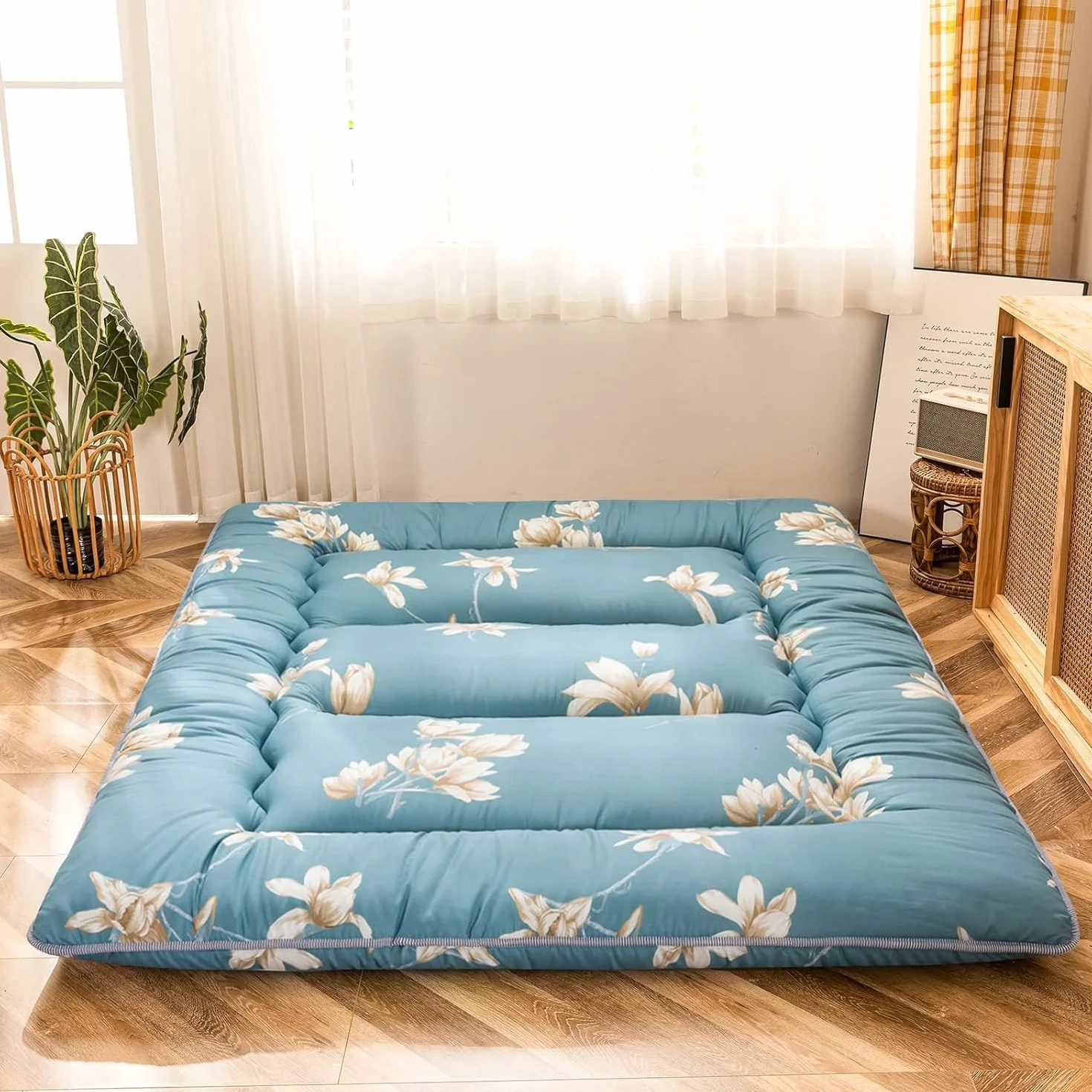 Maxyoyo Materasso da pavimento giapponese, materasso futon, tatami spesso, pieghevole, arrotolabile, per dormitorio, cuscino per pavimento (fiore blu, matrimoniale)
