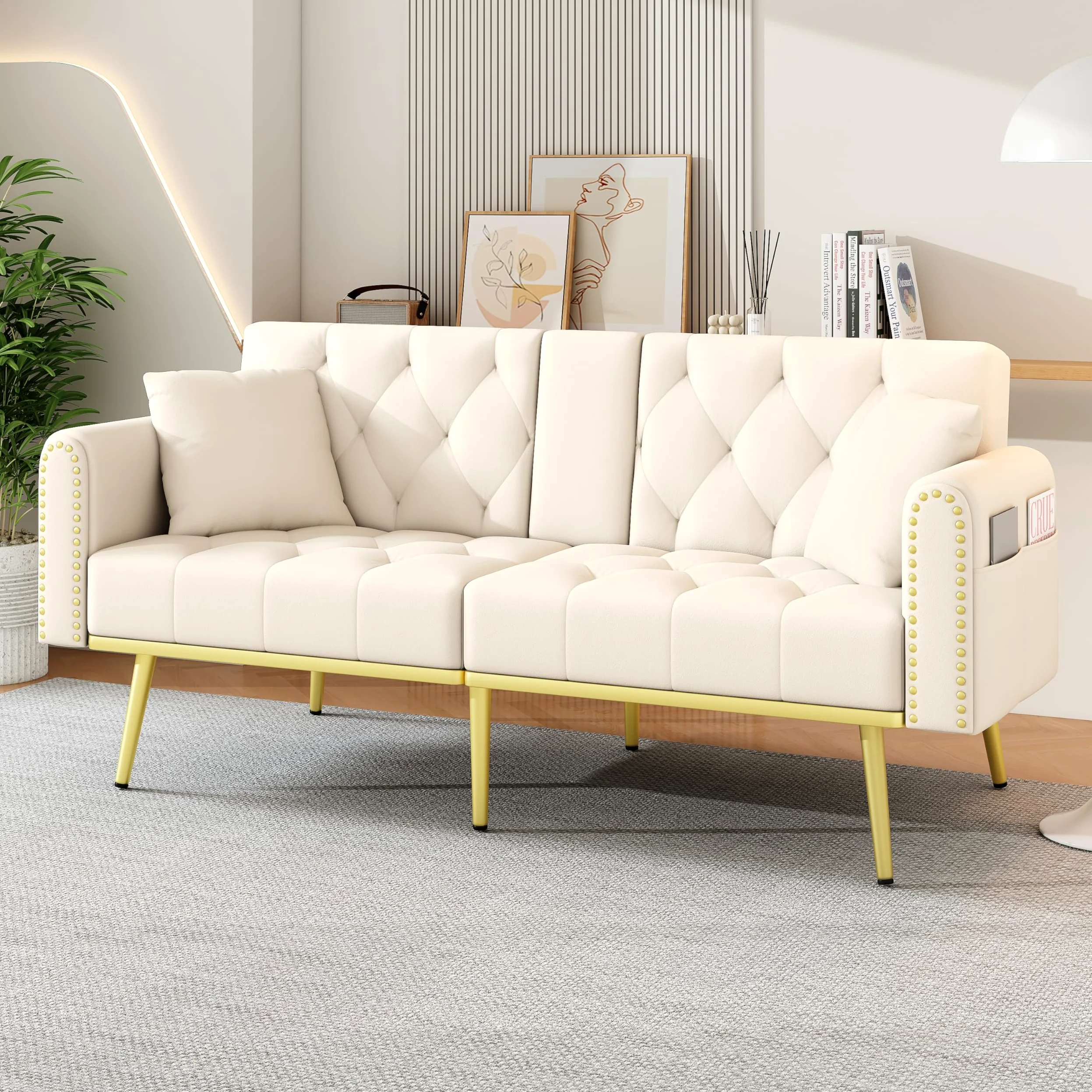 Divano letto doppio pieghevole, beige, 80 x 180 cm, con funzione sdraio, tre angoli di inclinazione regolabili e portabevande, adatto per soggiorno, camera da letto, camera degli ospiti