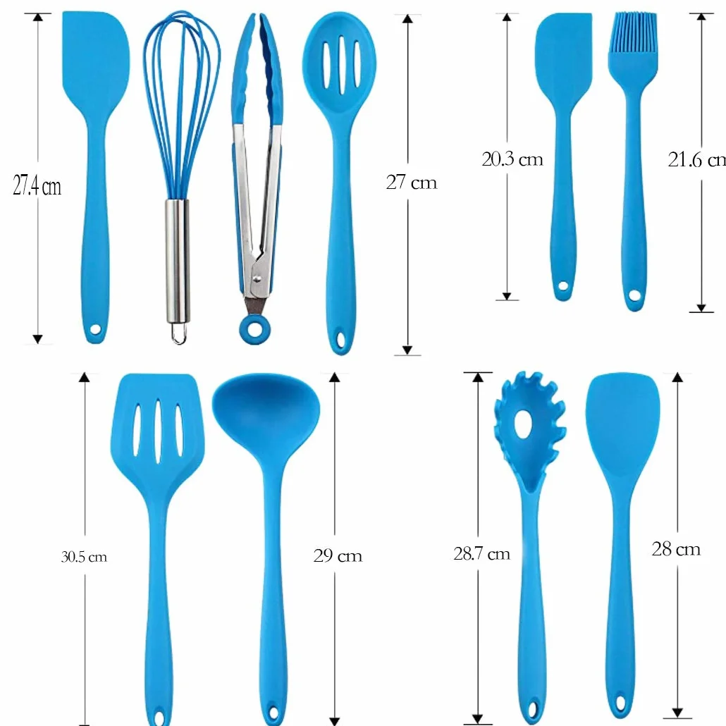 Hoshen, set di 10 utensili da cucina in silicone antiaderenti, 5 colori, stile 10 pezzi, spatola da cucina resistente al calore - Blu