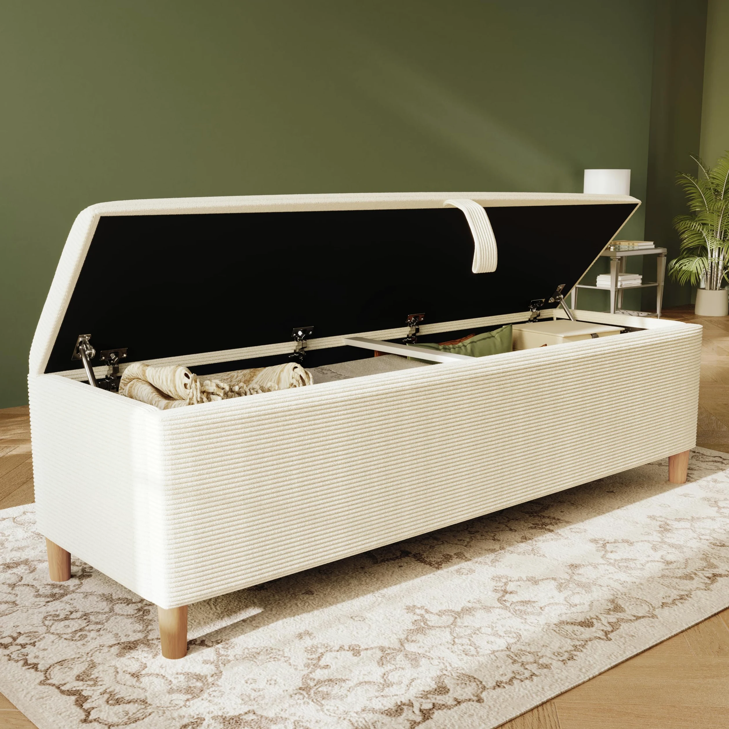 TIZZ Panca da letto 165 x 38 cm con spazio di archiviazione, panca imbottita con vano portaoggetti idraulico, adatta per camera da letto, soggiorno, corridoio, effetto cord beige