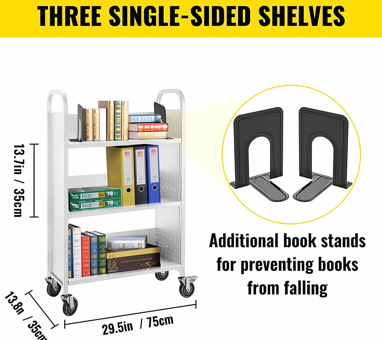 VEVOR Carrello per Libri, Carrello per Biblioteca da 200 Libbre, Carrello per Libri con Ruote 30x14x49 Pollici Ruote Bloccabili da 4 Pollici, per Scaffali Domestici Ufficio, Bianco