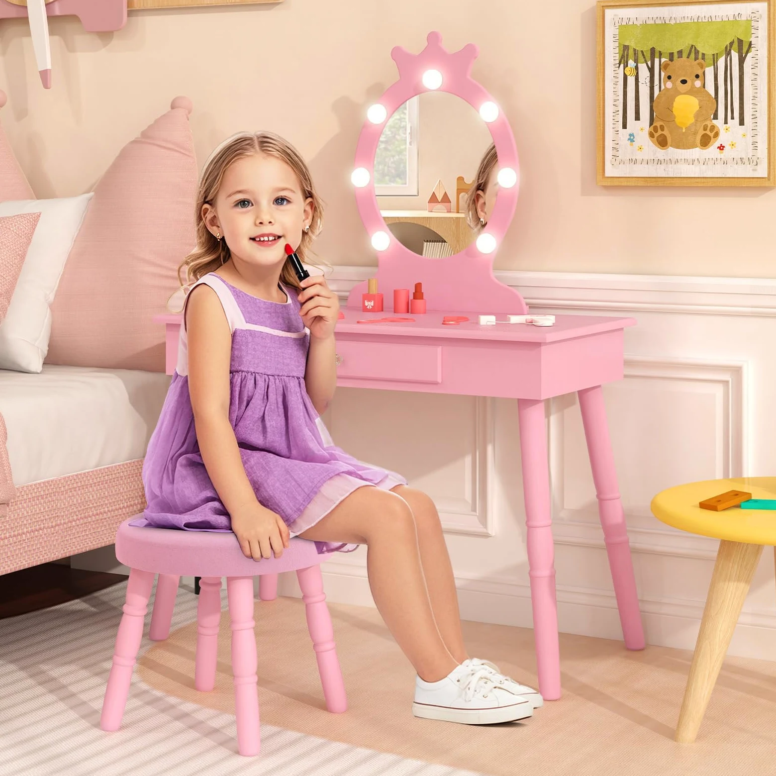 RELAX4LIFE Toeletta Trucco per Bambina con 7 Lampadine LED, 3 Colori di Luci, Specchiera Trucco con Sgabello, Toeletta in Legno, Specchio Rimovibile, per Bambini 3-7 Anni (Rosa)