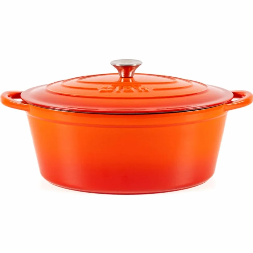 Cocotte in Ghisa Smaltata Arancione. Forno Olandese Pentola Ovale Antiaderente 29x21x11 CM - 3,85 L. Casseruola Pentola in Ferro per Induzione, Vetroceramica e Forno