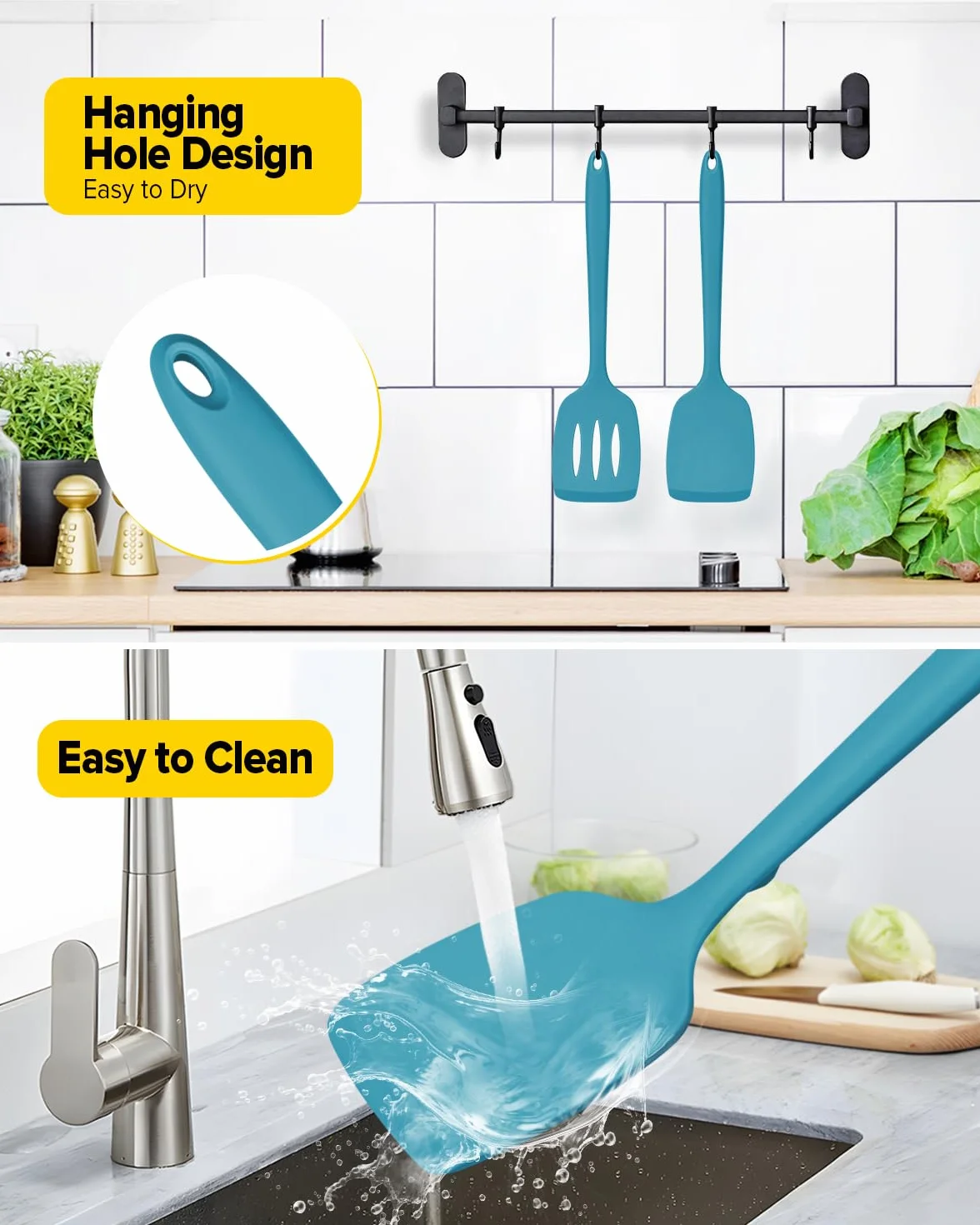 Pacchetto di 2 spatole in silicone, set di spatole da cucina senza BPA, resistente al calore, design completo in silicone, adatto per pesce flettente, uova, bistecca, frittelle (blu)