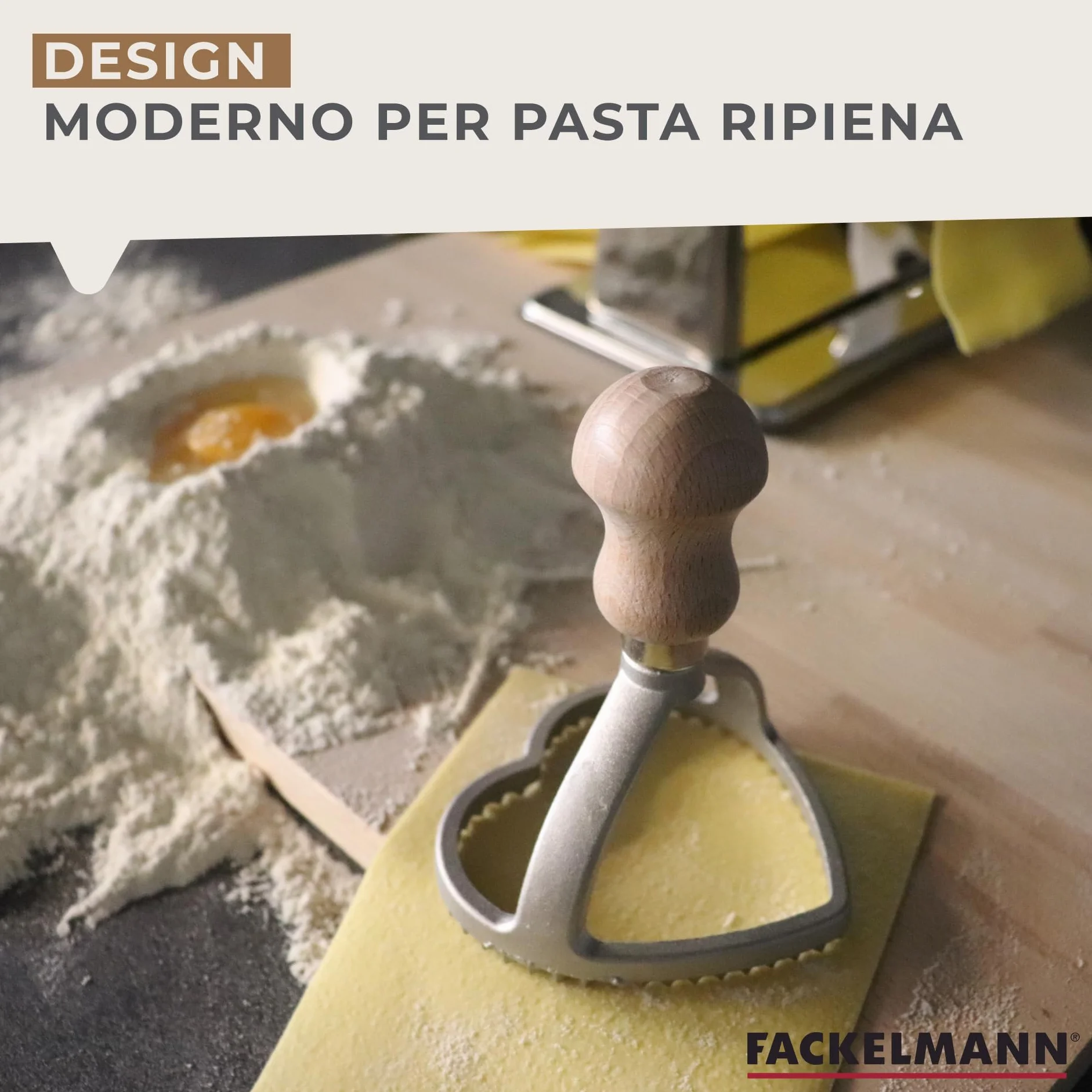 Fackelmann Stampino ravioli a cuore, legno faggio, alluminio, 8,5x8x10cm, Linea Home Cooking Italian Pasta