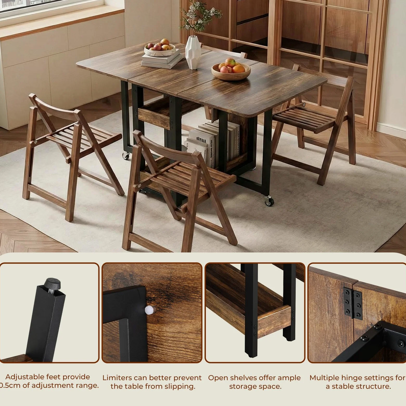 Clevich Tavolo da pranzo pieghevole mobile con 2 ripiani, per 4-6 persone, ideale per spazi ridotti, ingombro da chiuso: solo 0,218 m³, per cucina e casa, 133x80x75 cm, legno di tigre.