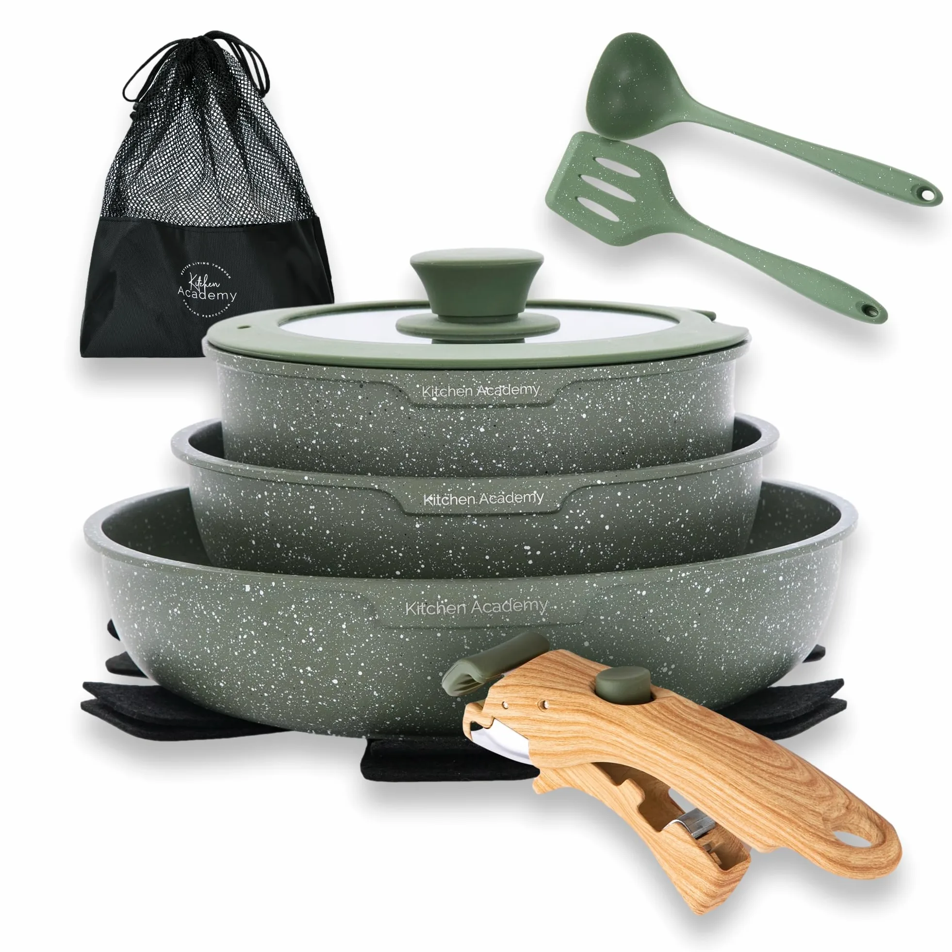Kitchen Academy Set di pentole antiaderenti, 10 pezzi, pentole e padelle rivestite in granito a induzione con manico staccabile, impilabili, set da cucina per campeggio, campeggio, verde