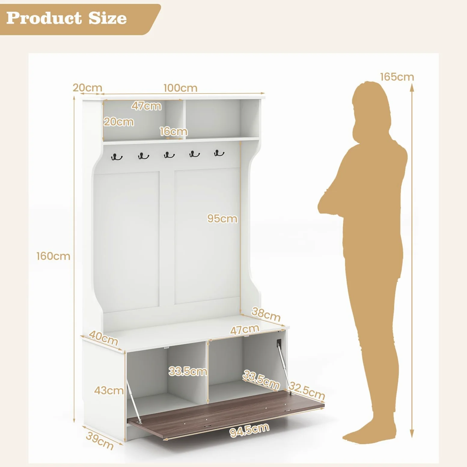 GIANTEX Appendiabiti con Panca da Scarpe, Armadio con Panca Portaoggetti e 5 Ganci e Scomparti, Mobile d'Ingresso Moderno per Corridoio, Camera da Letto, 100x40x160 cm (Bianco)