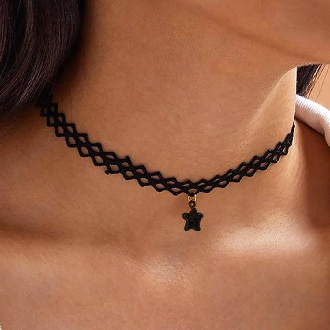 Choker Donna in Velluto Nero Girocollo Stretch Collare Tatuaggio 7 Pezzi